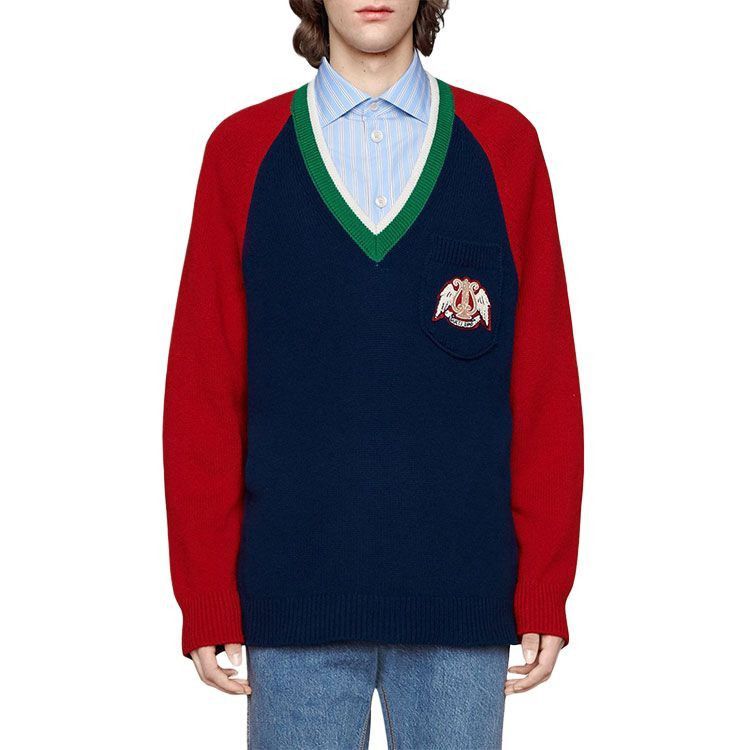 Gucci Blue V-Neck Sweater with Lyre Patch Size US XS / EU 42 / 0 - 11 Thumbnail