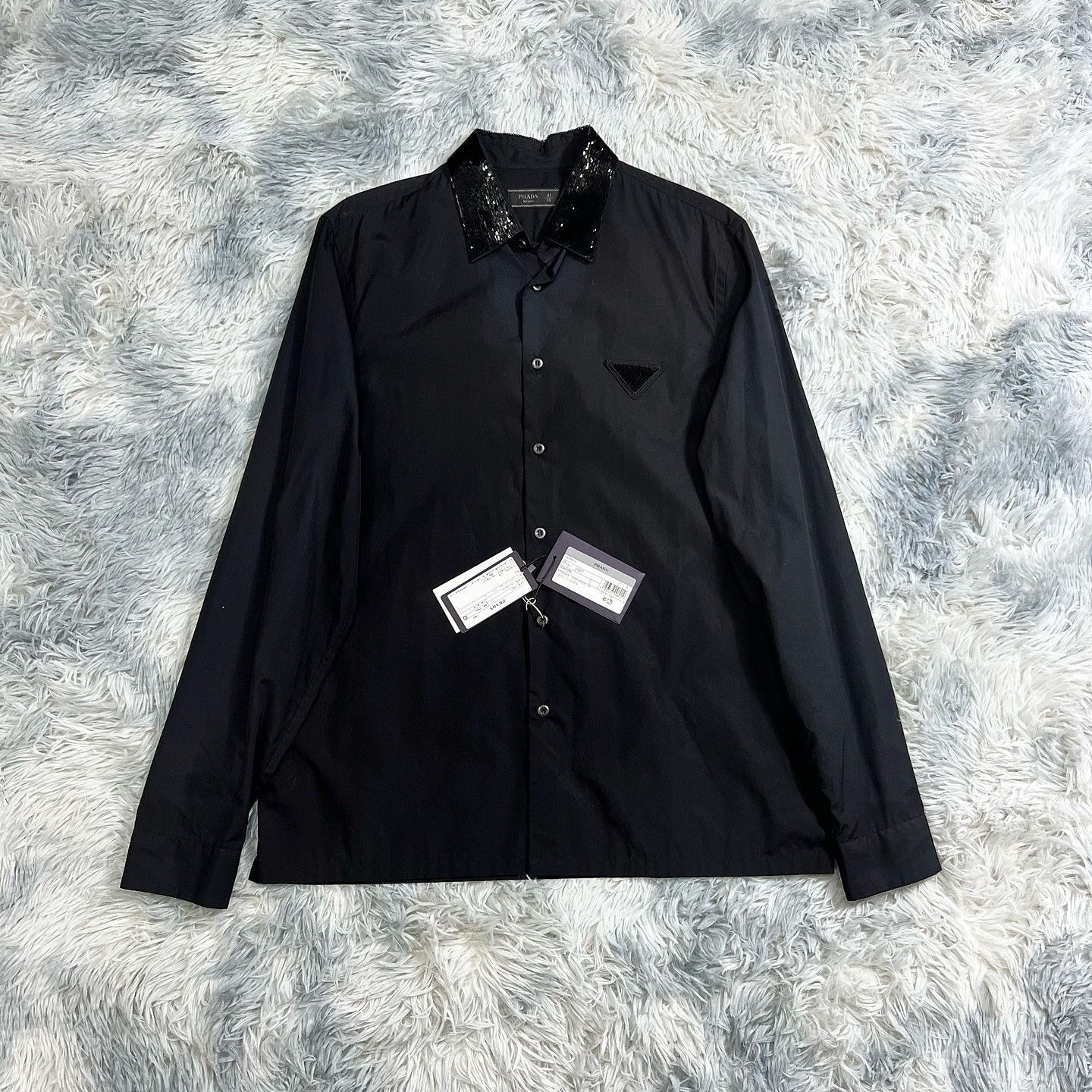 Prada Black Sequin Collar Button Up Shirt Size US L / EU 52-54 / 3 - 7 Thumbnail