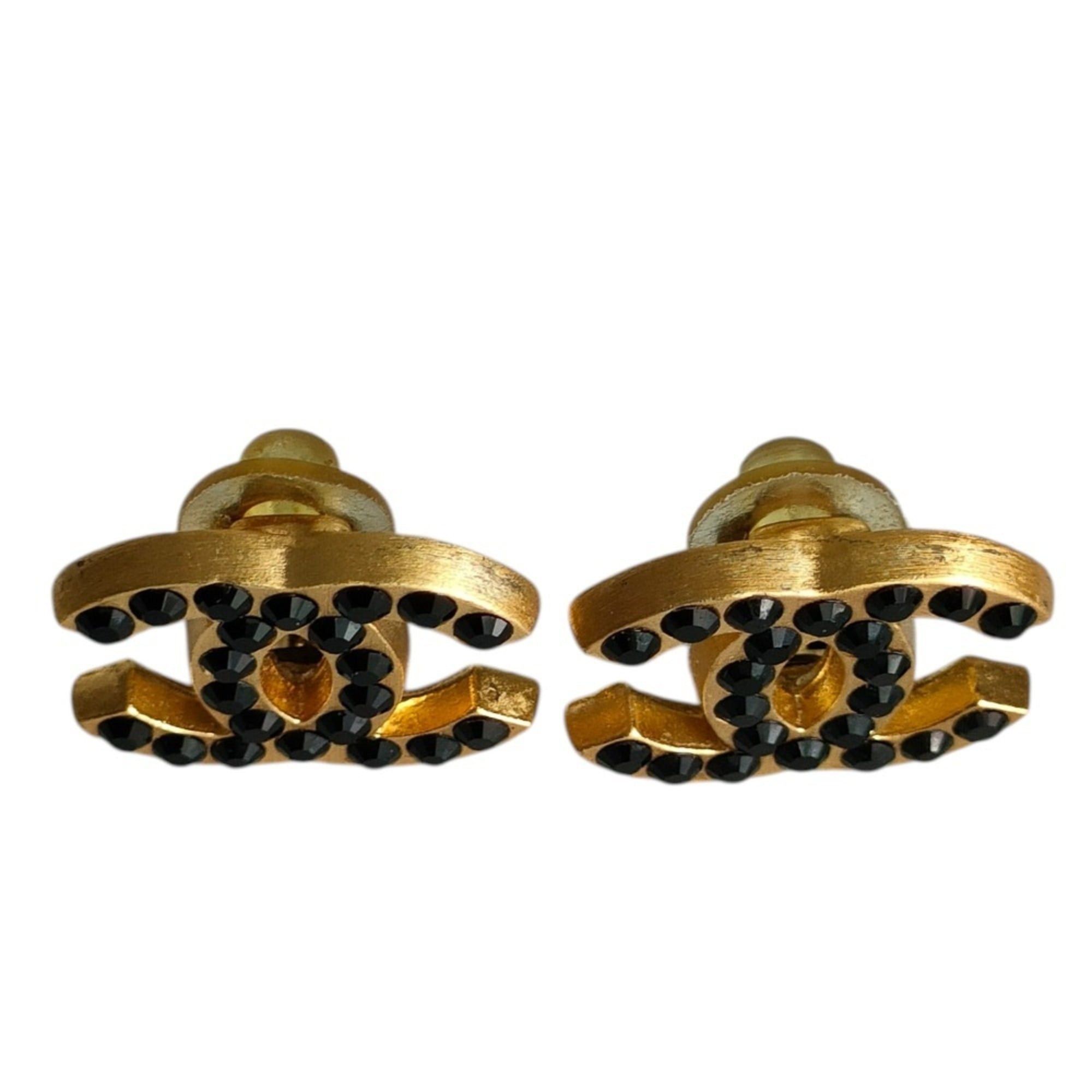 Chanel CHANEL 01A Coco Mark Black Rhinestone Clip Earrings with Box, Gold Color, Women's Size ONE SIZE - 2 Thumbnail