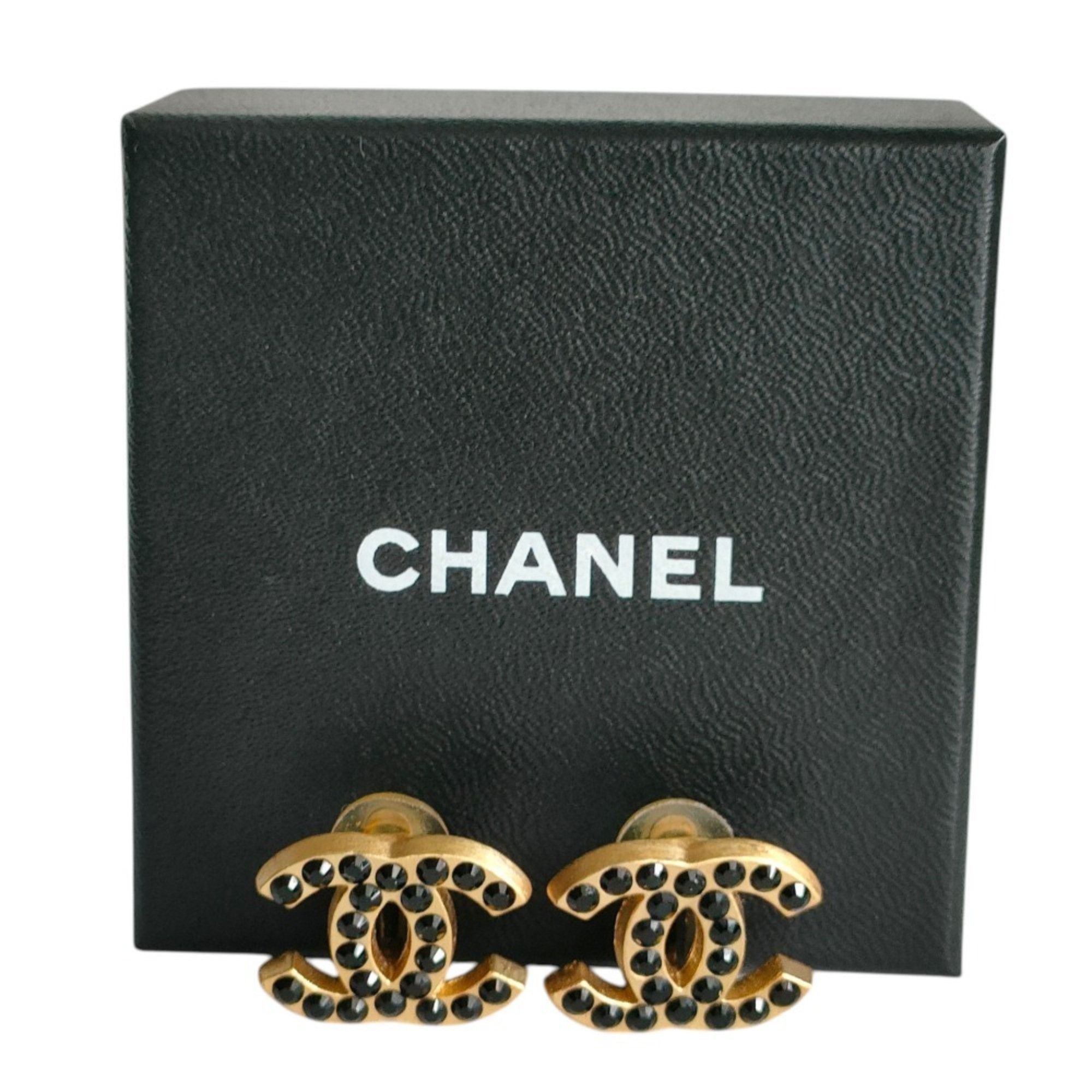 Chanel CHANEL 01A Coco Mark Black Rhinestone Clip Earrings with Box, Gold Color, Women's Size ONE SIZE - 8 Thumbnail