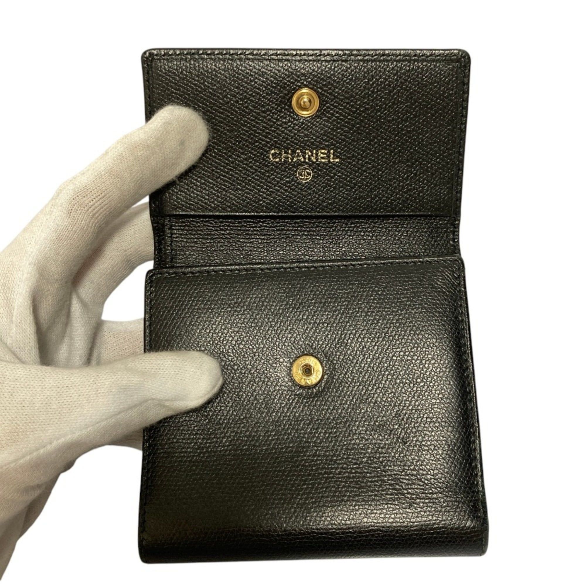 Chanel CHANEL Coco Mark Button Leather Compact Tri-fold Wallet, Black, Women's Size ONE SIZE - 6 Thumbnail