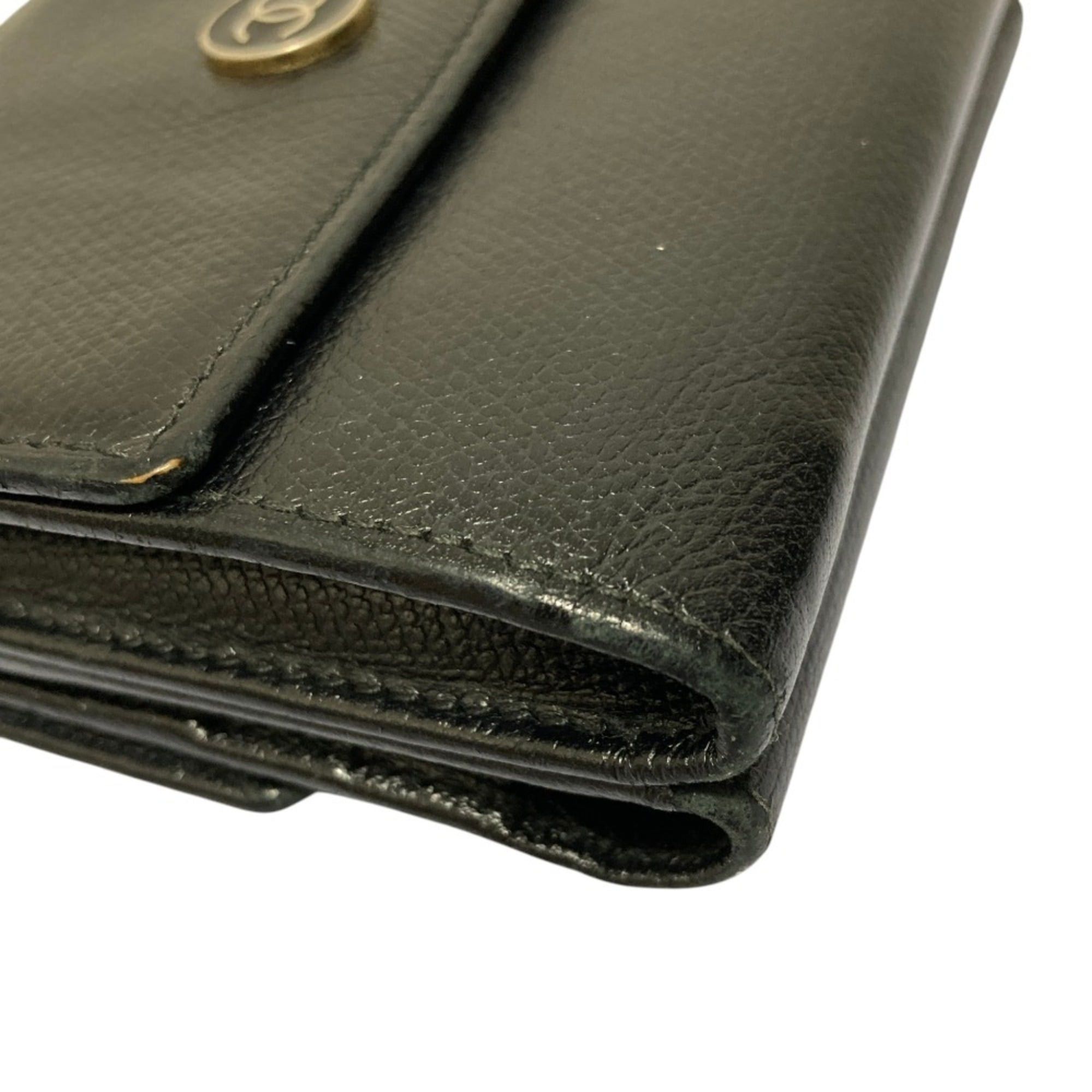 Chanel CHANEL Coco Mark Button Leather Compact Tri-fold Wallet, Black, Women's Size ONE SIZE - 15 Thumbnail