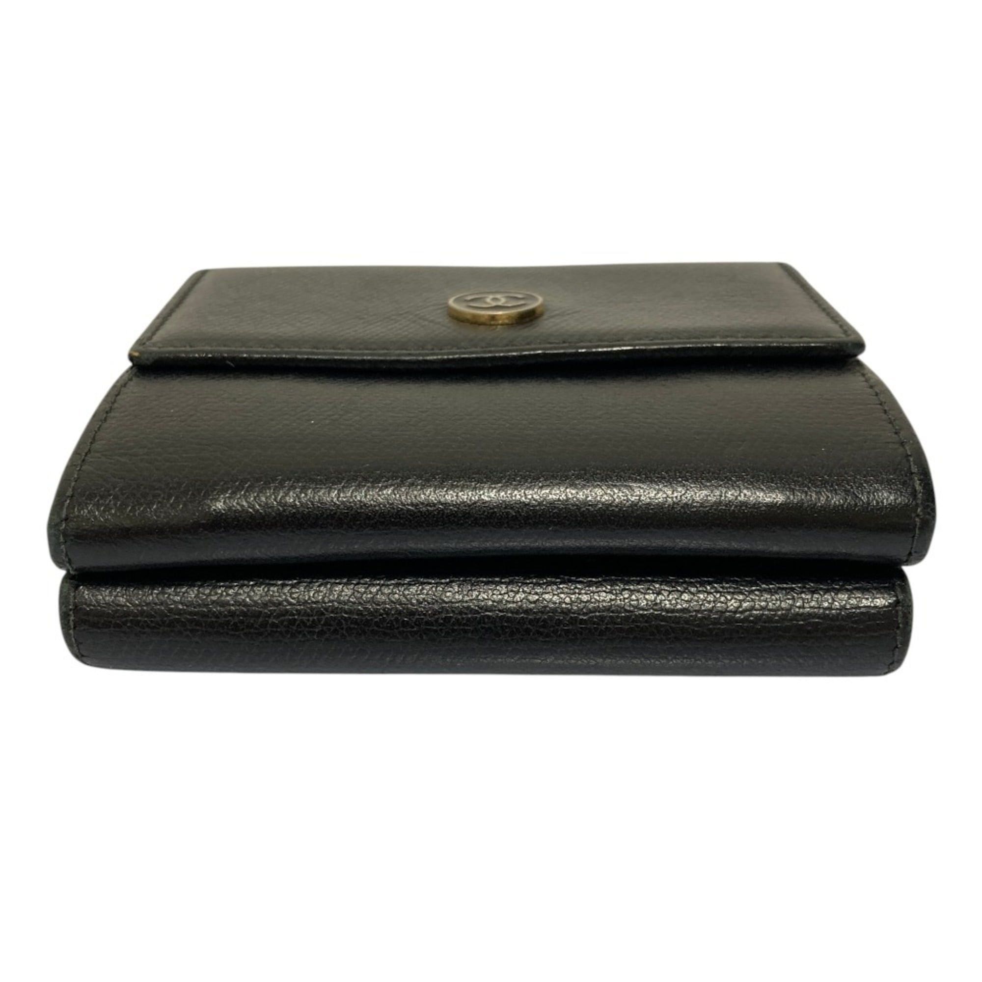 Chanel CHANEL Coco Mark Button Leather Compact Tri-fold Wallet, Black, Women's Size ONE SIZE - 4 Thumbnail