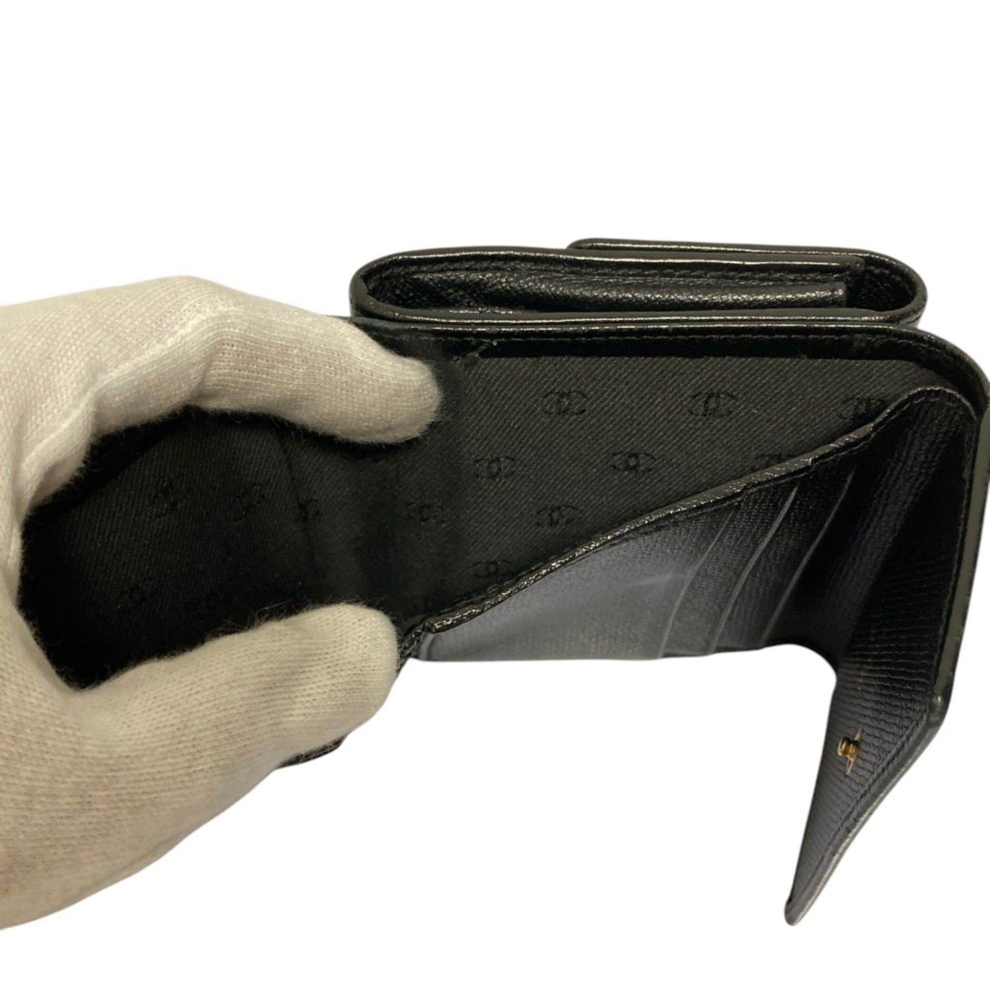 Chanel CHANEL Coco Mark Button Leather Compact Tri-fold Wallet, Black, Women's Size ONE SIZE - 8 Thumbnail