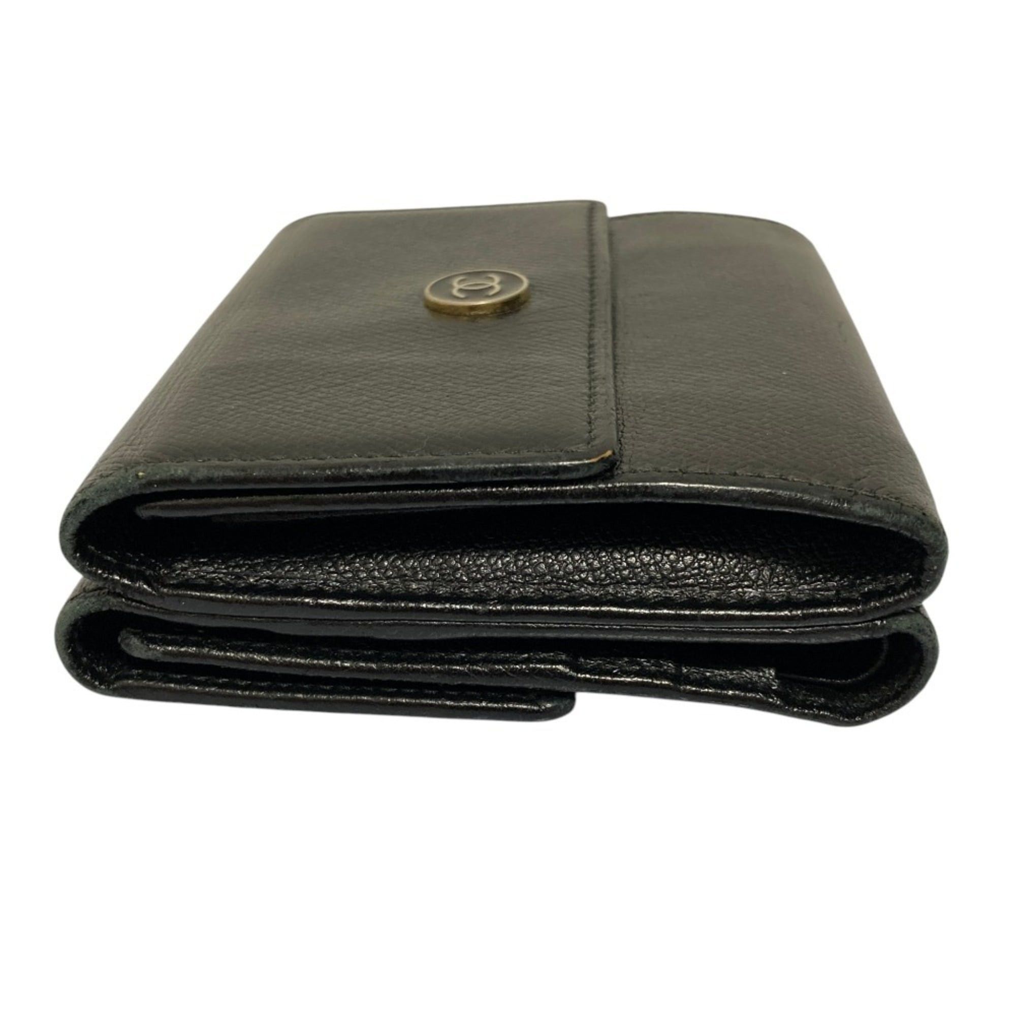 Chanel CHANEL Coco Mark Button Leather Compact Tri-fold Wallet, Black, Women's Size ONE SIZE - 3 Thumbnail