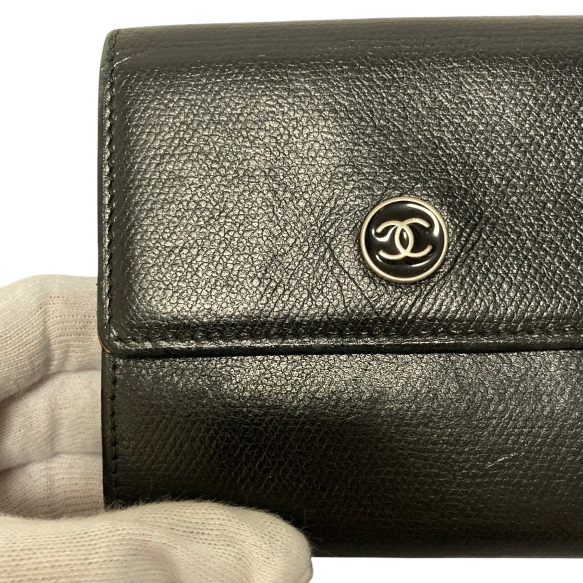 Chanel CHANEL Coco Mark Button Leather Compact Tri-fold Wallet, Black, Women's Size ONE SIZE - 12 Thumbnail