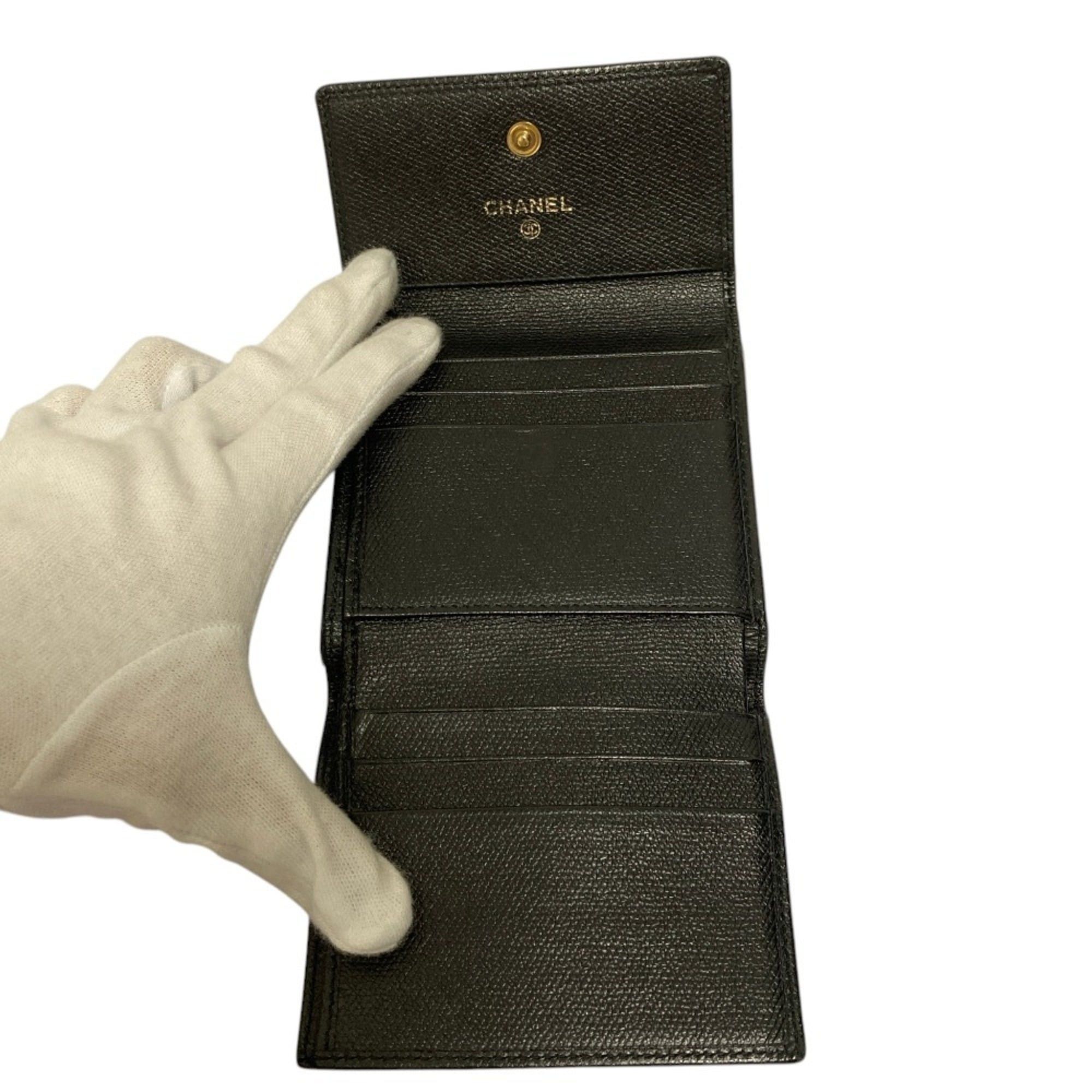 Chanel CHANEL Coco Mark Button Leather Compact Tri-fold Wallet, Black, Women's Size ONE SIZE - 7 Thumbnail