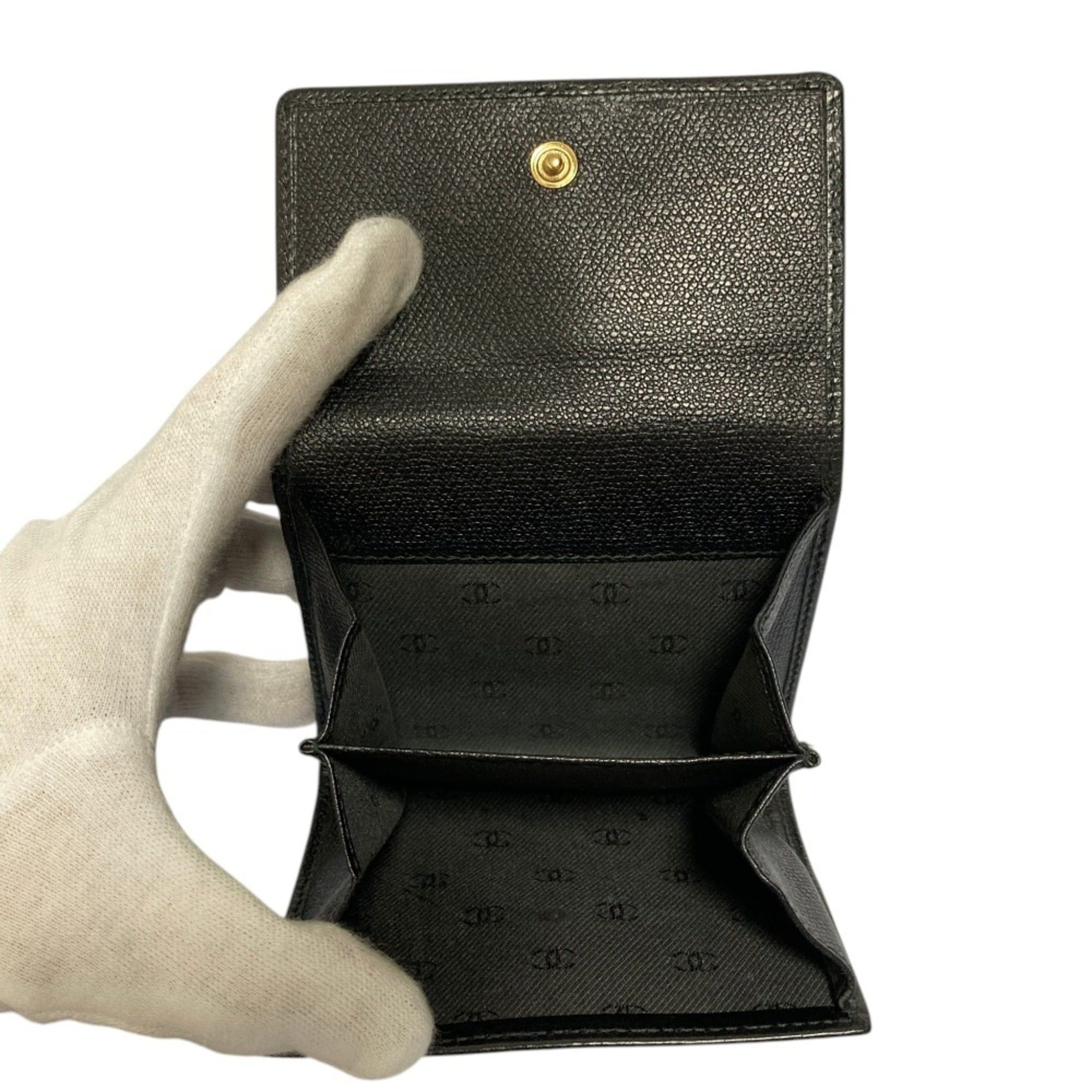 Chanel CHANEL Coco Mark Button Leather Compact Tri-fold Wallet, Black, Women's Size ONE SIZE - 5 Thumbnail