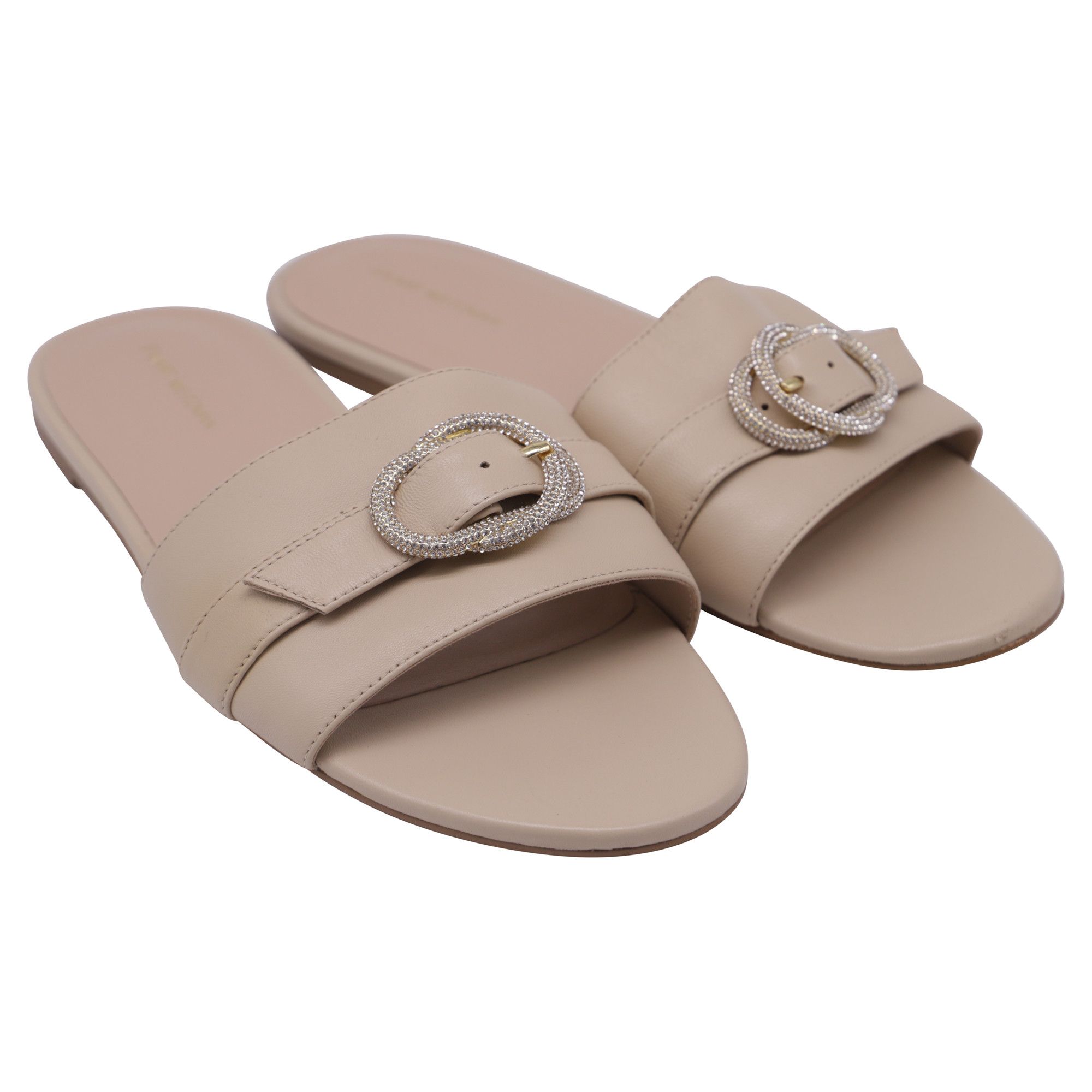 Stuart Weitzman Stuart Weitzman Crystal-Embellished Slides in Beige Leather Size US 11 / IT 41 - 3 Thumbnail