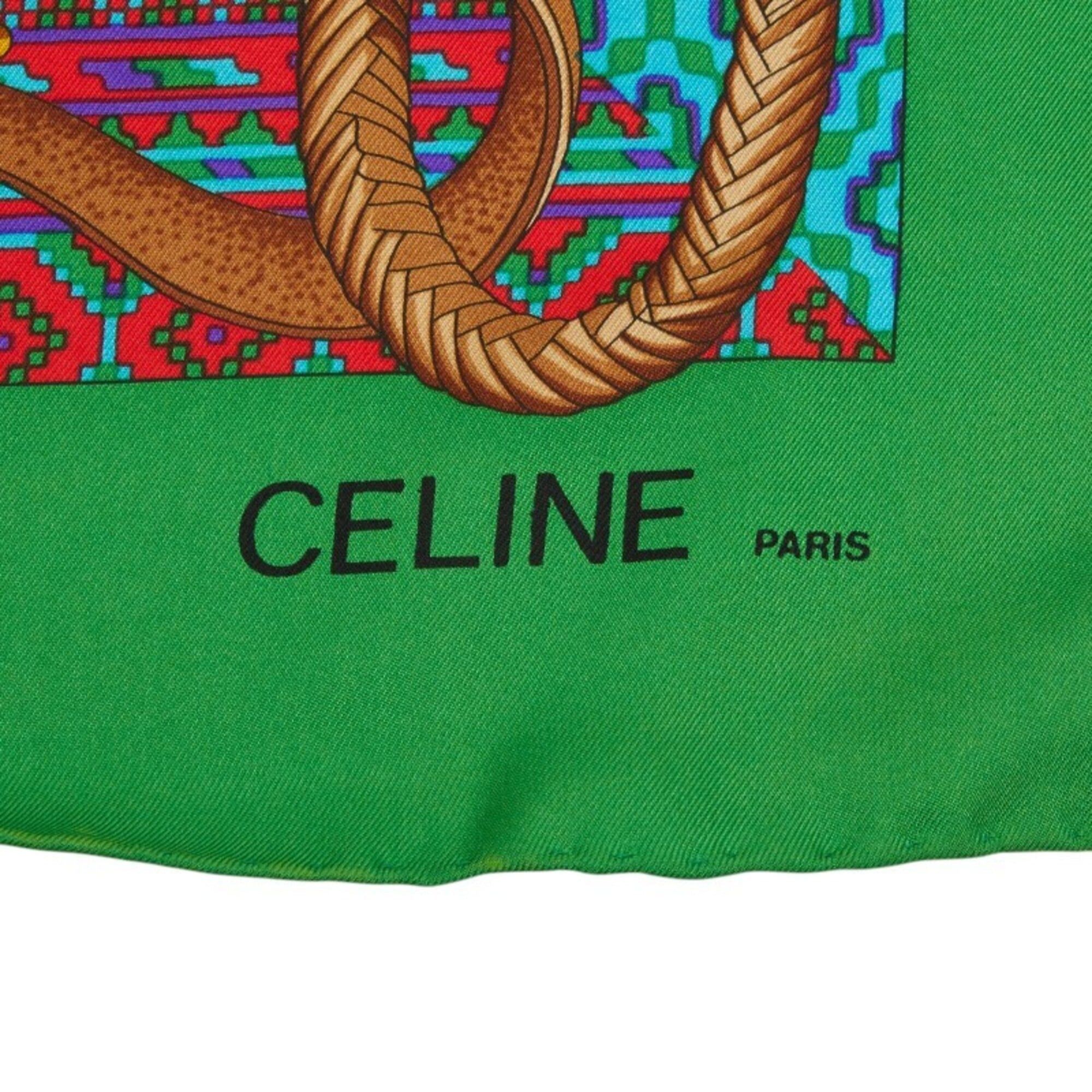 Celine Celine Chain Motif Scarf Muffler, Green Multicolor Silk, Women's Size ONE SIZE - 4 Thumbnail