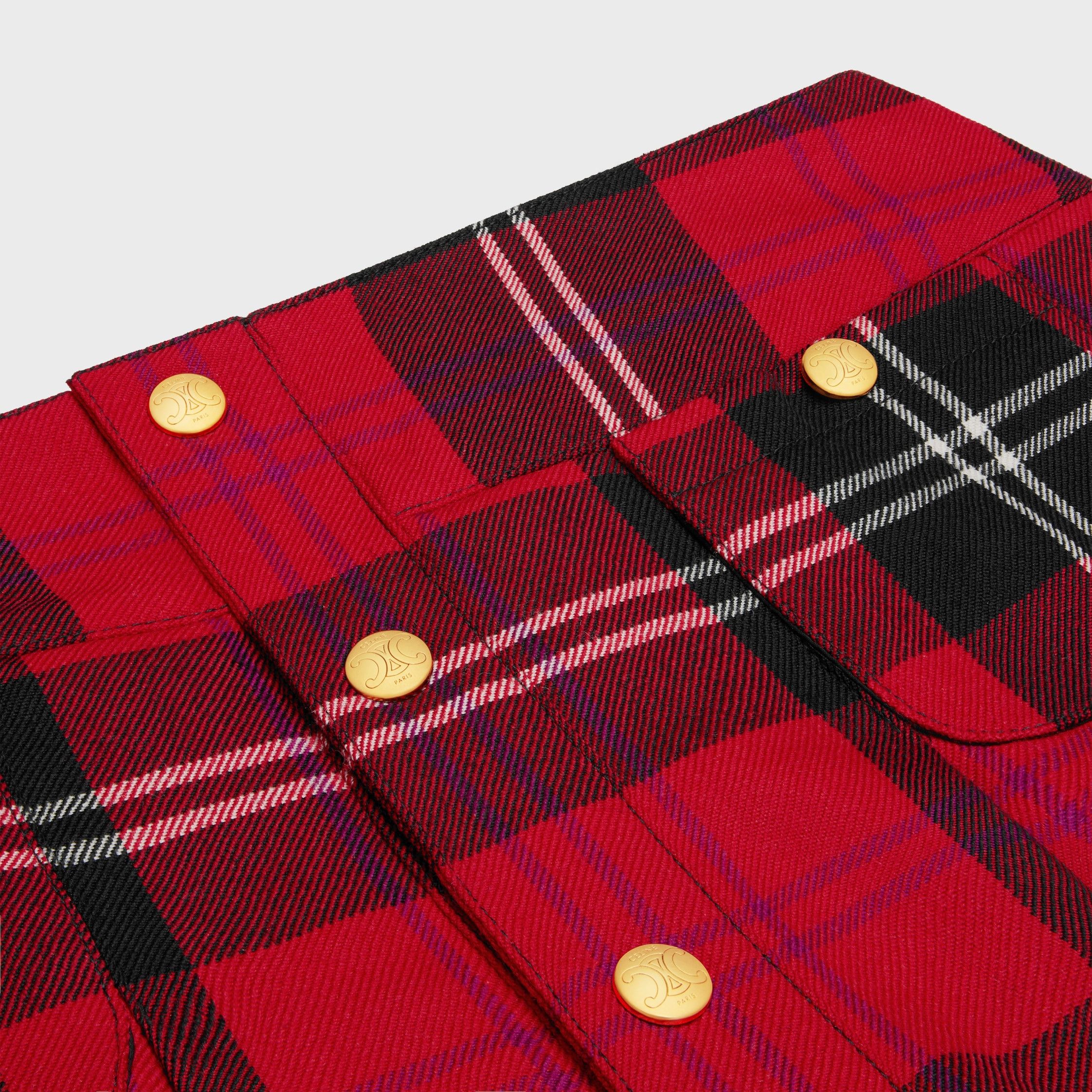 Celine PLEATED BANDEAU MINI SKIRT IN TARTAN WOOL red/black/chalk Size 29" - 3 Thumbnail