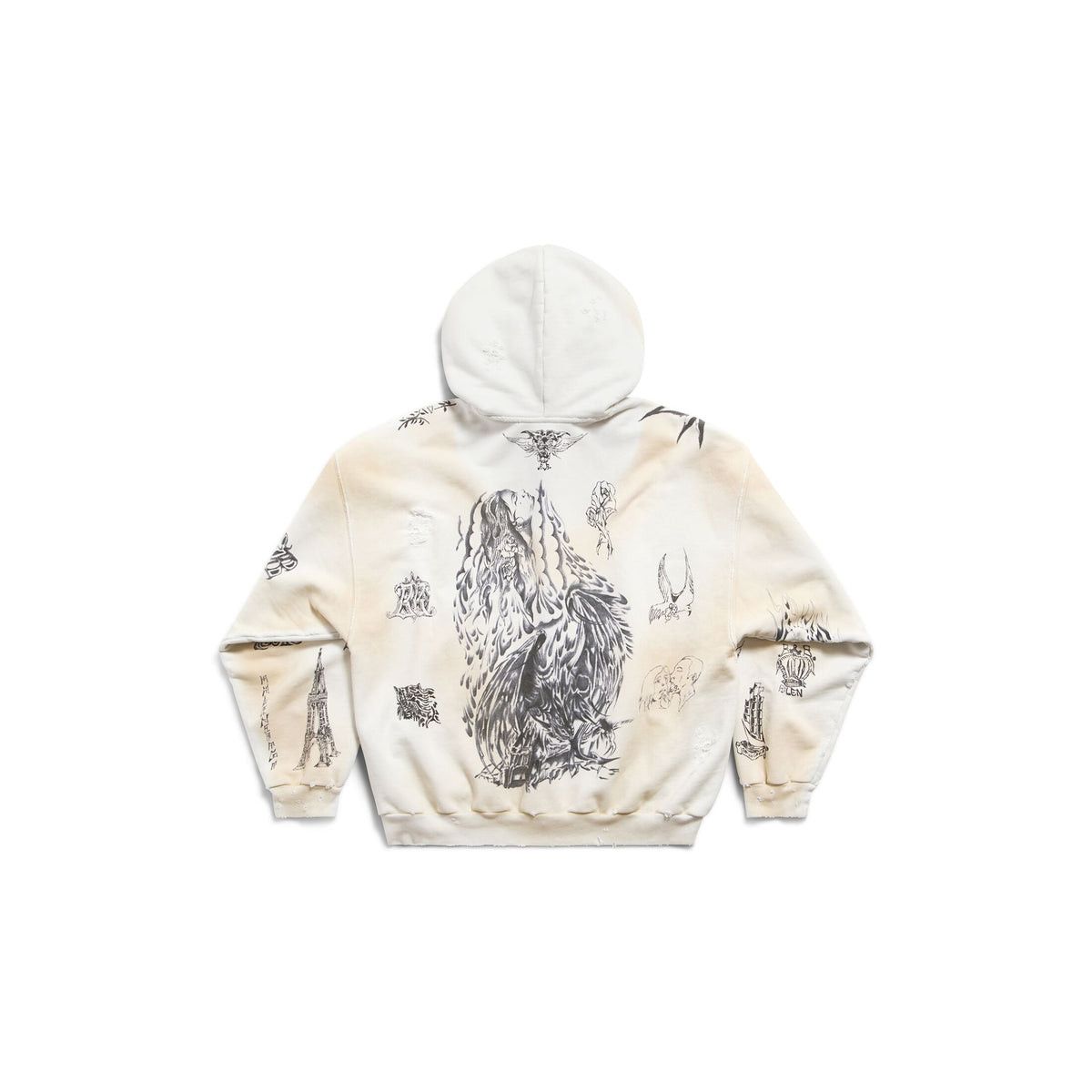 Balenciaga Tat Tattoo Printed Distressed Cotton-jersey Zip-up Hoodie In Off White Black Size US L / EU 52-54 / 3 - 2 Thumbnail