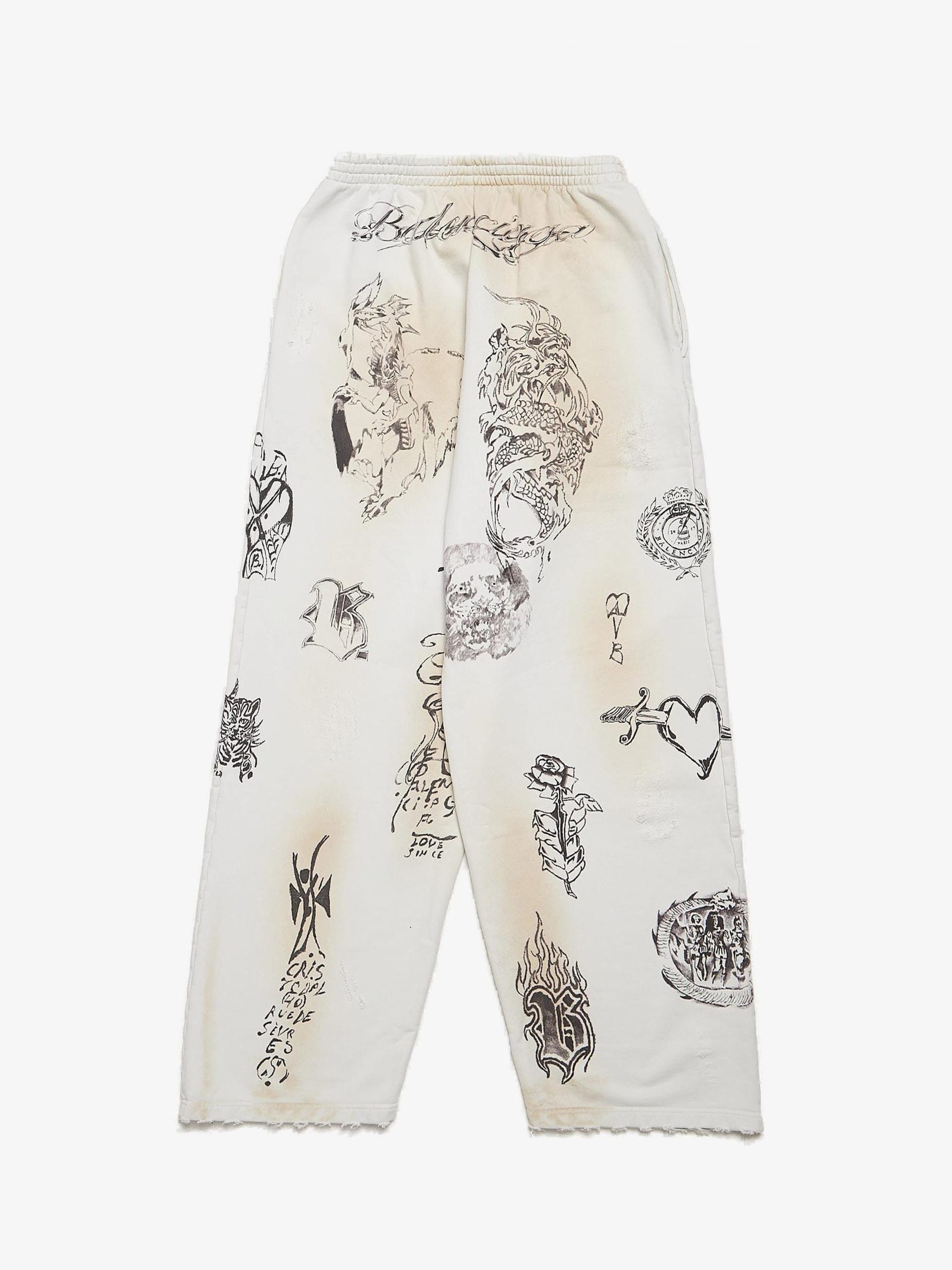Balenciaga Beige Cotton Tat Tattoo Sweatpants Size US 29 - 2 Thumbnail