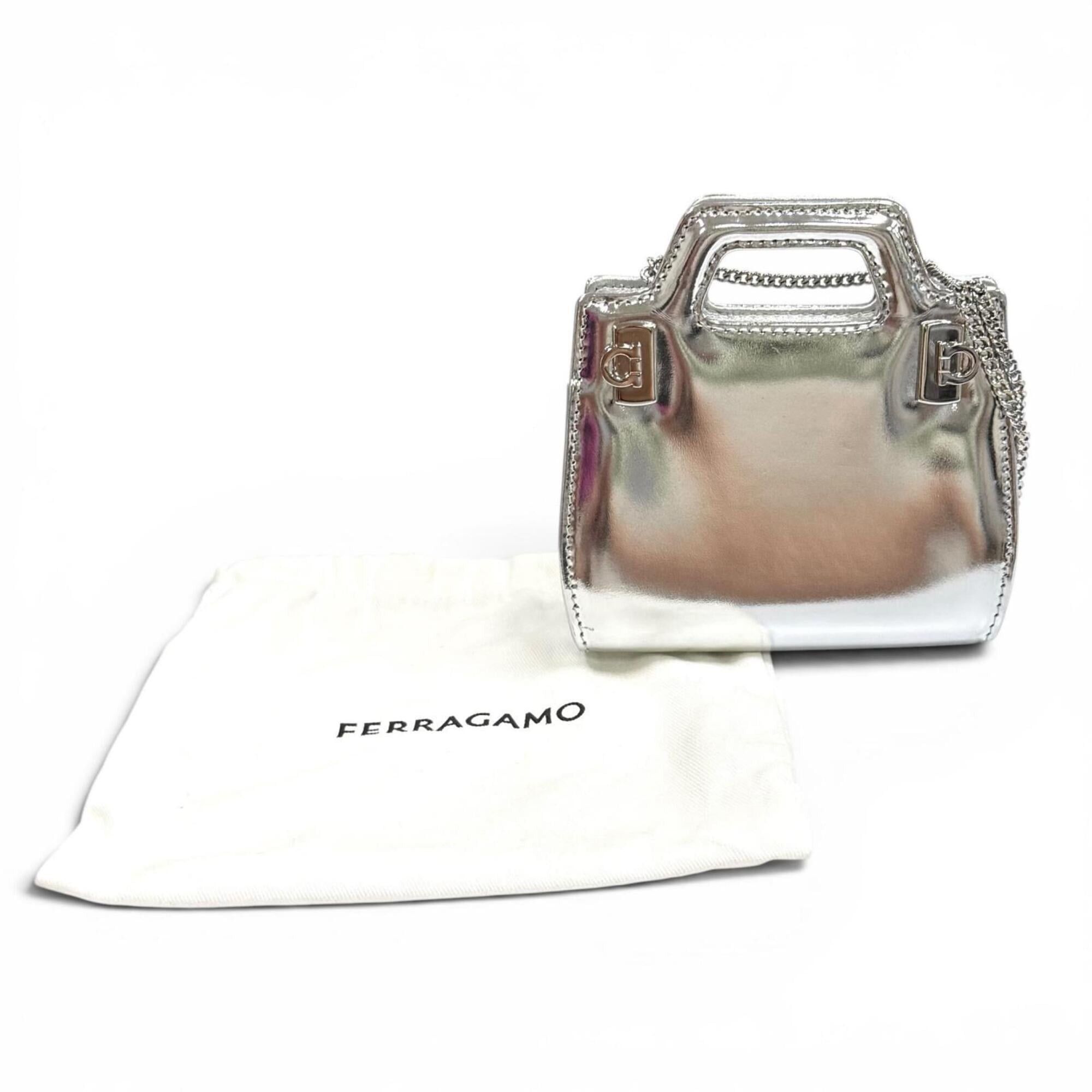 Salvatore Ferragamo Salvatore Ferragamo FERRAGAMO Wanda Mini Gancini Leather 2-Way Chain Shoulder Pouch Bag, Silver, Made in Italy, Women's, with Dust Bag Size ONE SIZE - 2 Thumbnail