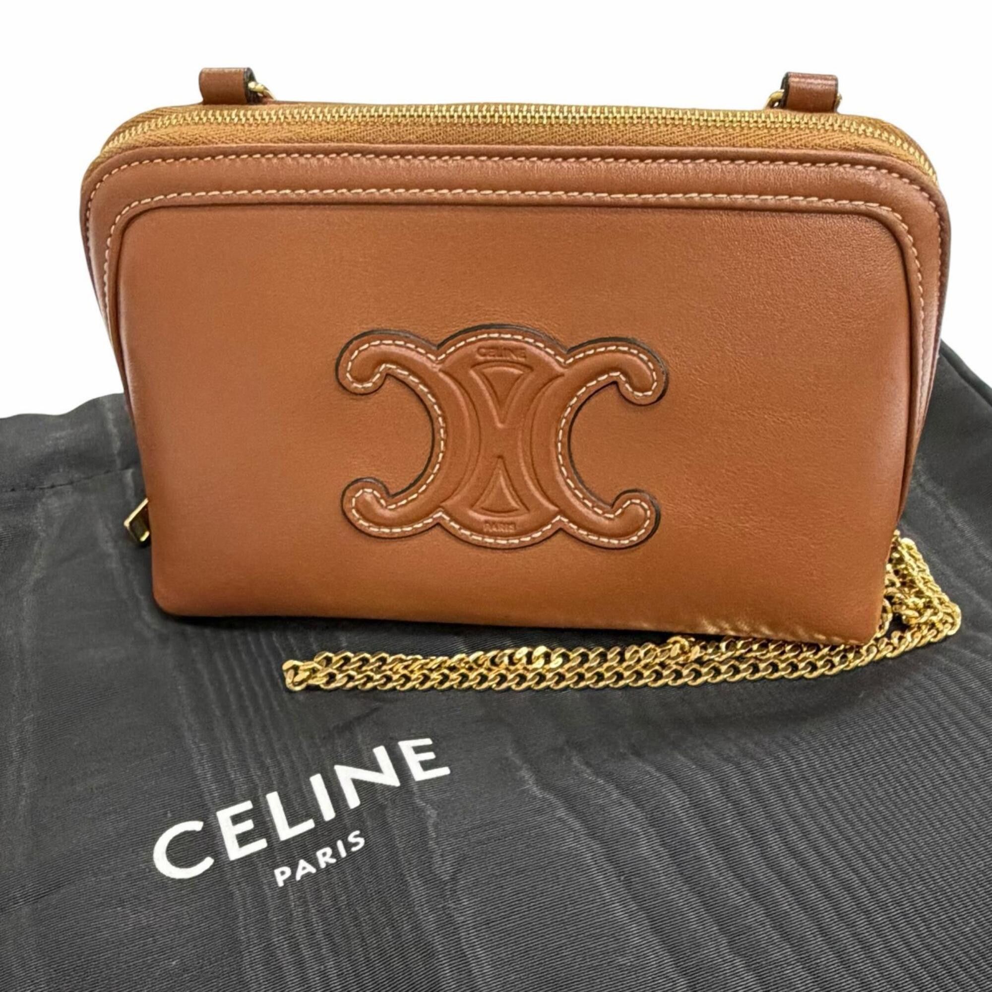 Celine CELINE 10E383DR8 Smooth Calfskin Cuile Triomphe Chain Clutch Shoulder Bag, Tan Brown, Made in Italy, Women's, with Dust Bag Size ONE SIZE - 2 Thumbnail