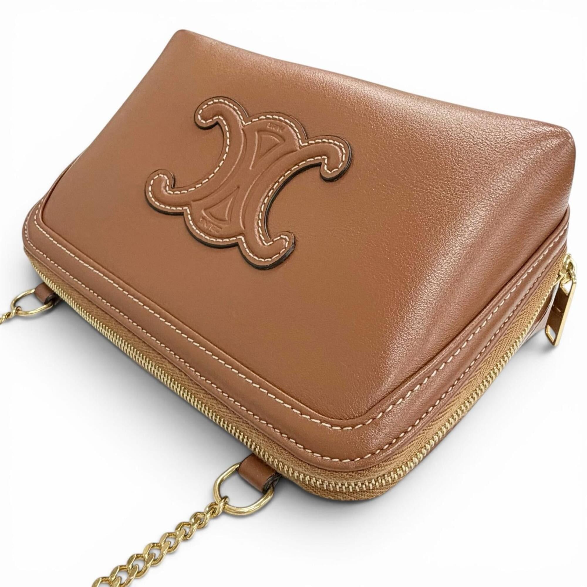 Celine CELINE 10E383DR8 Smooth Calfskin Cuile Triomphe Chain Clutch Shoulder Bag, Tan Brown, Made in Italy, Women's, with Dust Bag Size ONE SIZE - 4 Thumbnail