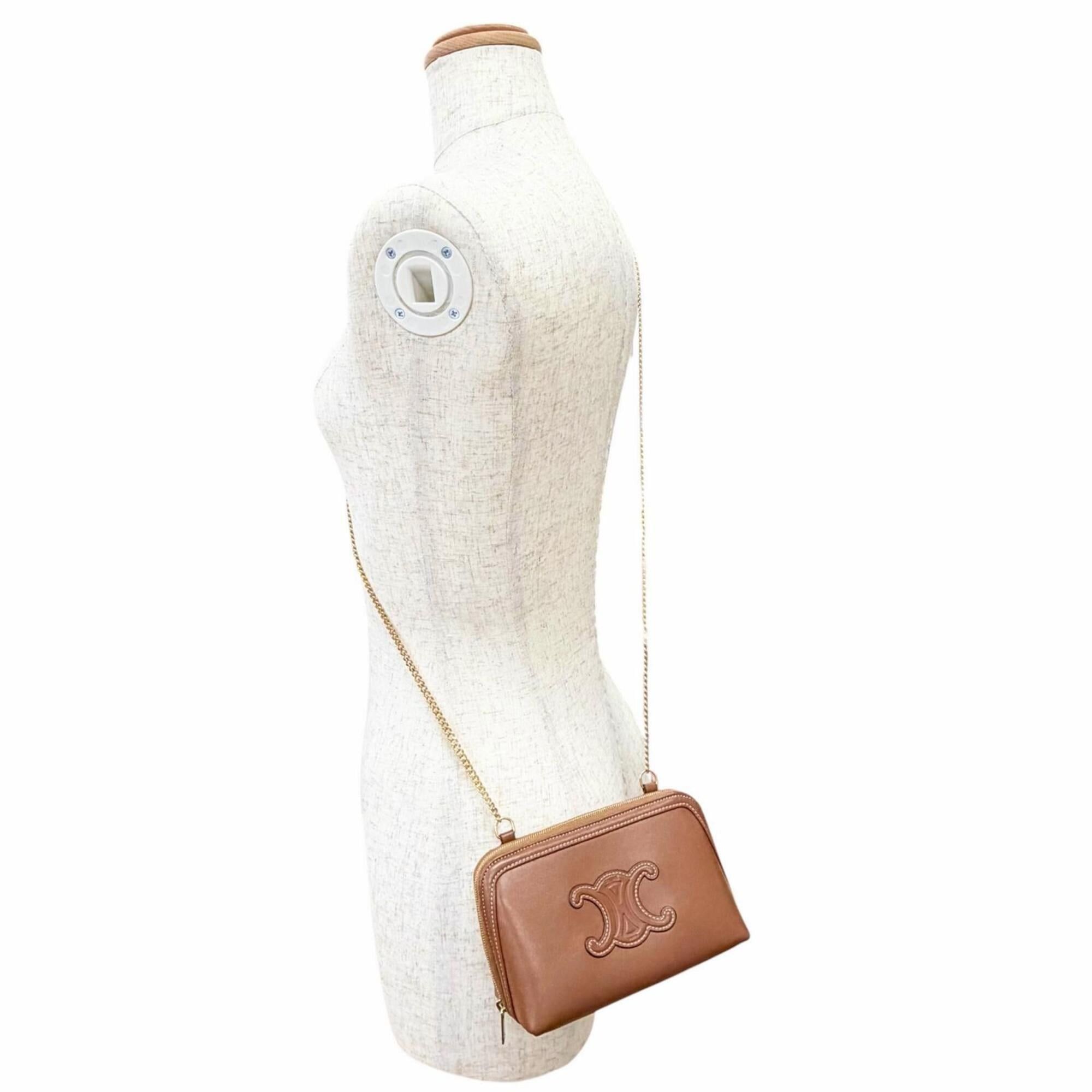 Celine CELINE 10E383DR8 Smooth Calfskin Cuile Triomphe Chain Clutch Shoulder Bag, Tan Brown, Made in Italy, Women's, with Dust Bag Size ONE SIZE - 7 Thumbnail