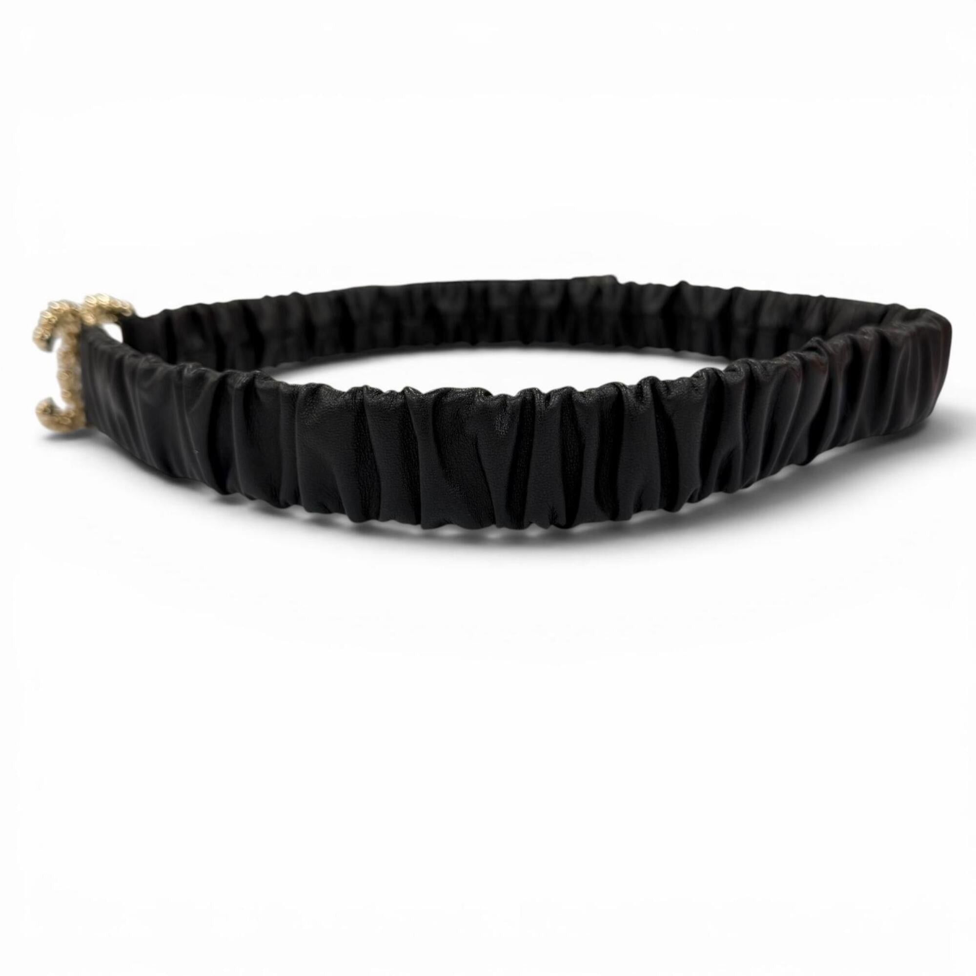 Chanel CHANEL B21C Coco Mark Rhinestone Leather Elastic Belt, Black with Gold Hardware, Size 80 (32), Made in Italy, Women's. Size ONE SIZE - 3 Thumbnail