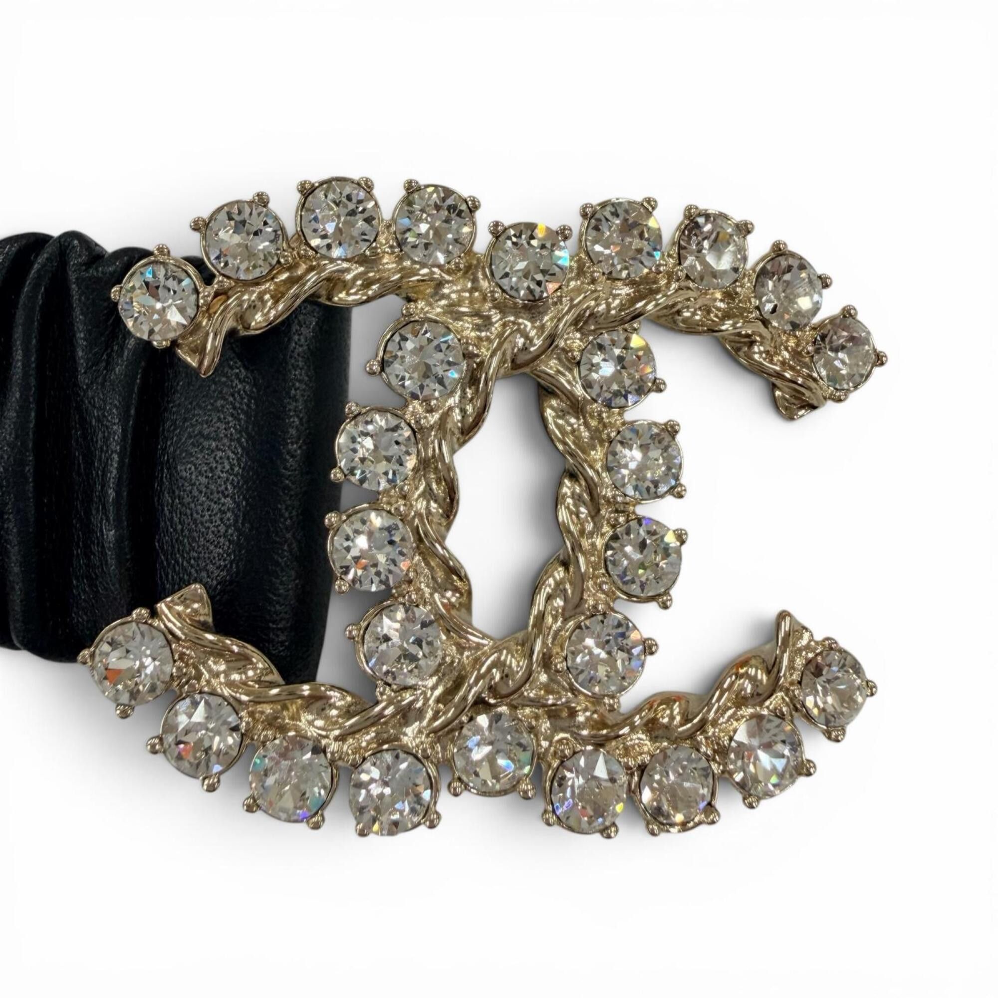 Chanel CHANEL B21C Coco Mark Rhinestone Leather Elastic Belt, Black with Gold Hardware, Size 80 (32), Made in Italy, Women's. Size ONE SIZE - 4 Thumbnail