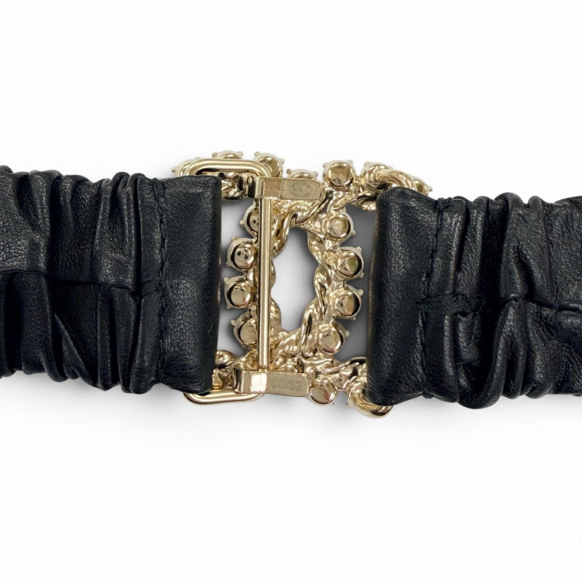Chanel CHANEL B21C Coco Mark Rhinestone Leather Elastic Belt, Black with Gold Hardware, Size 80 (32), Made in Italy, Women's. Size ONE SIZE - 7 Thumbnail