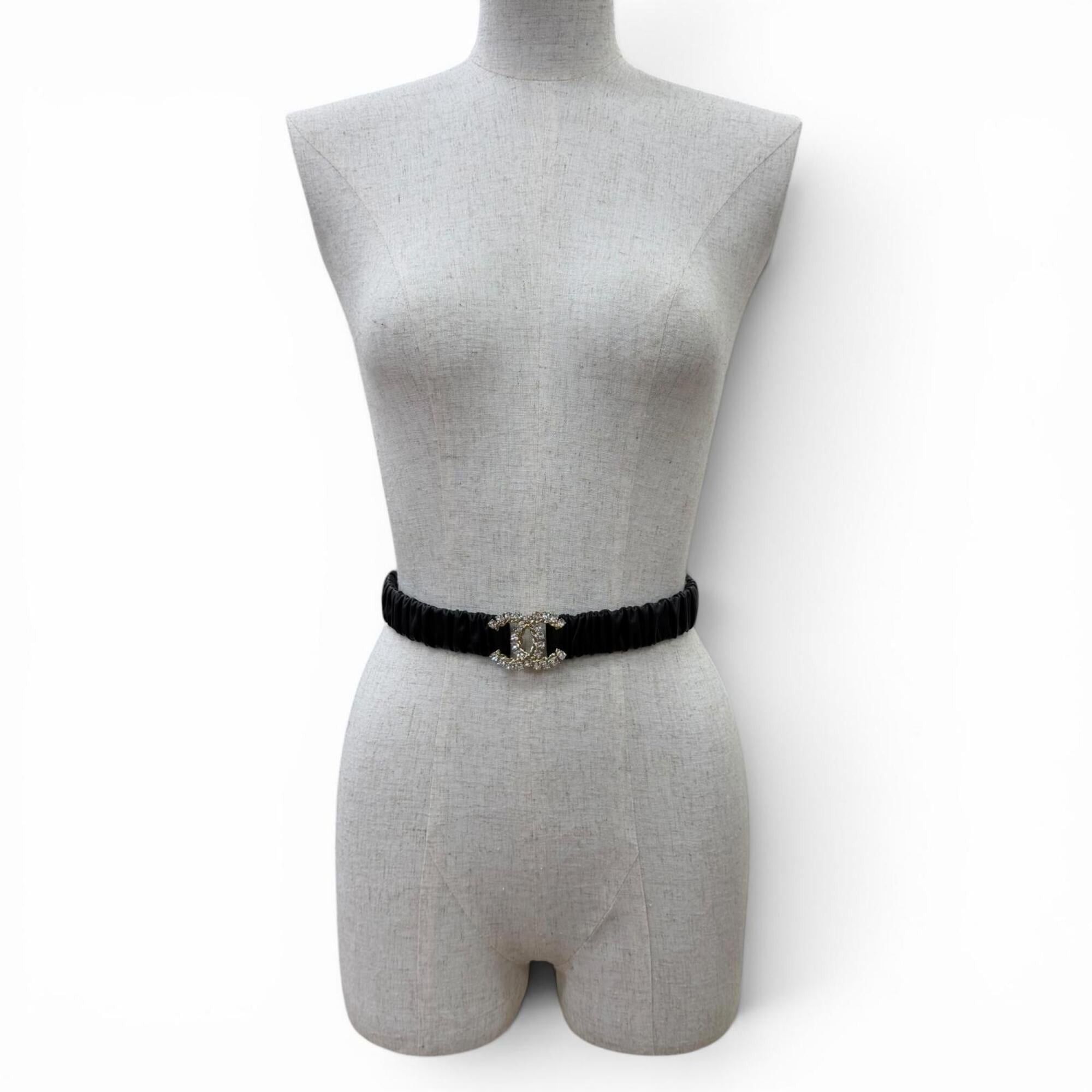 Chanel CHANEL B21C Coco Mark Rhinestone Leather Elastic Belt, Black with Gold Hardware, Size 80 (32), Made in Italy, Women's. Size ONE SIZE - 6 Thumbnail