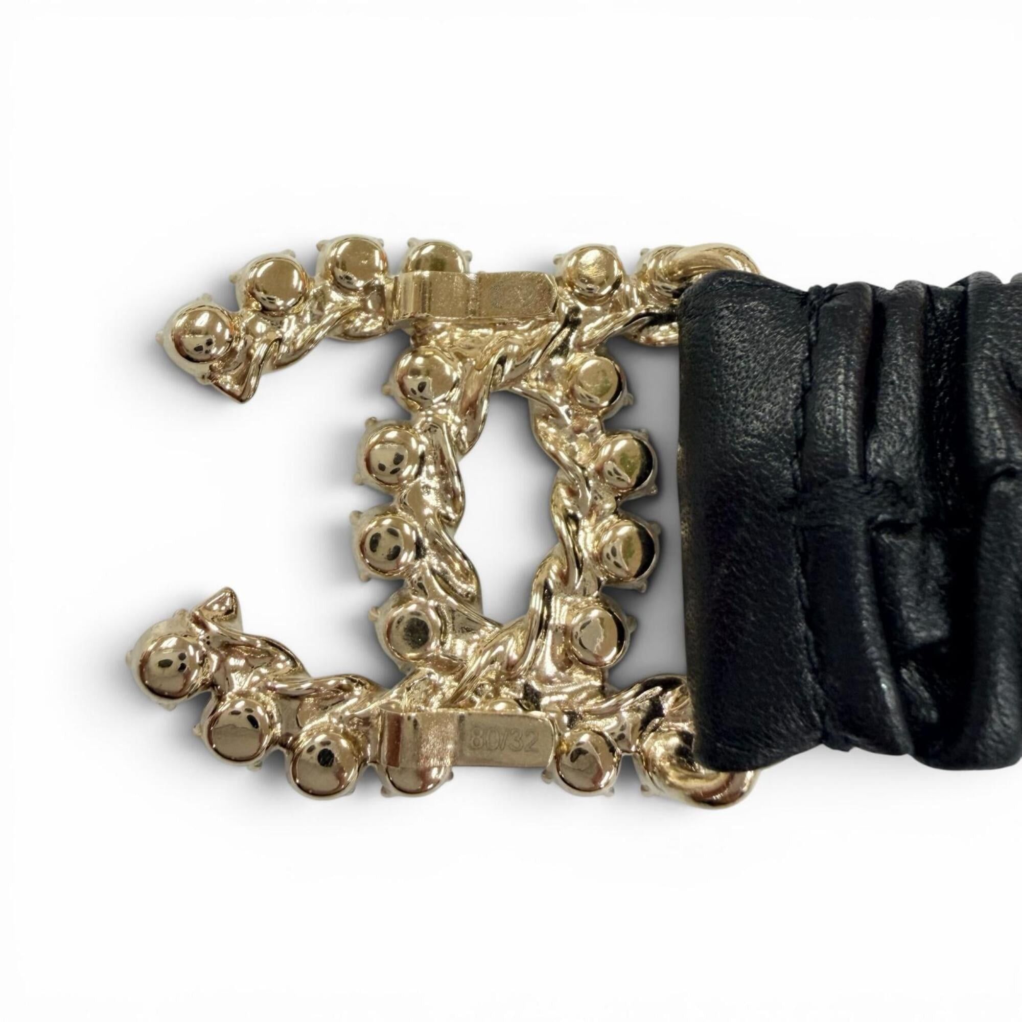 Chanel CHANEL B21C Coco Mark Rhinestone Leather Elastic Belt, Black with Gold Hardware, Size 80 (32), Made in Italy, Women's. Size ONE SIZE - 8 Thumbnail