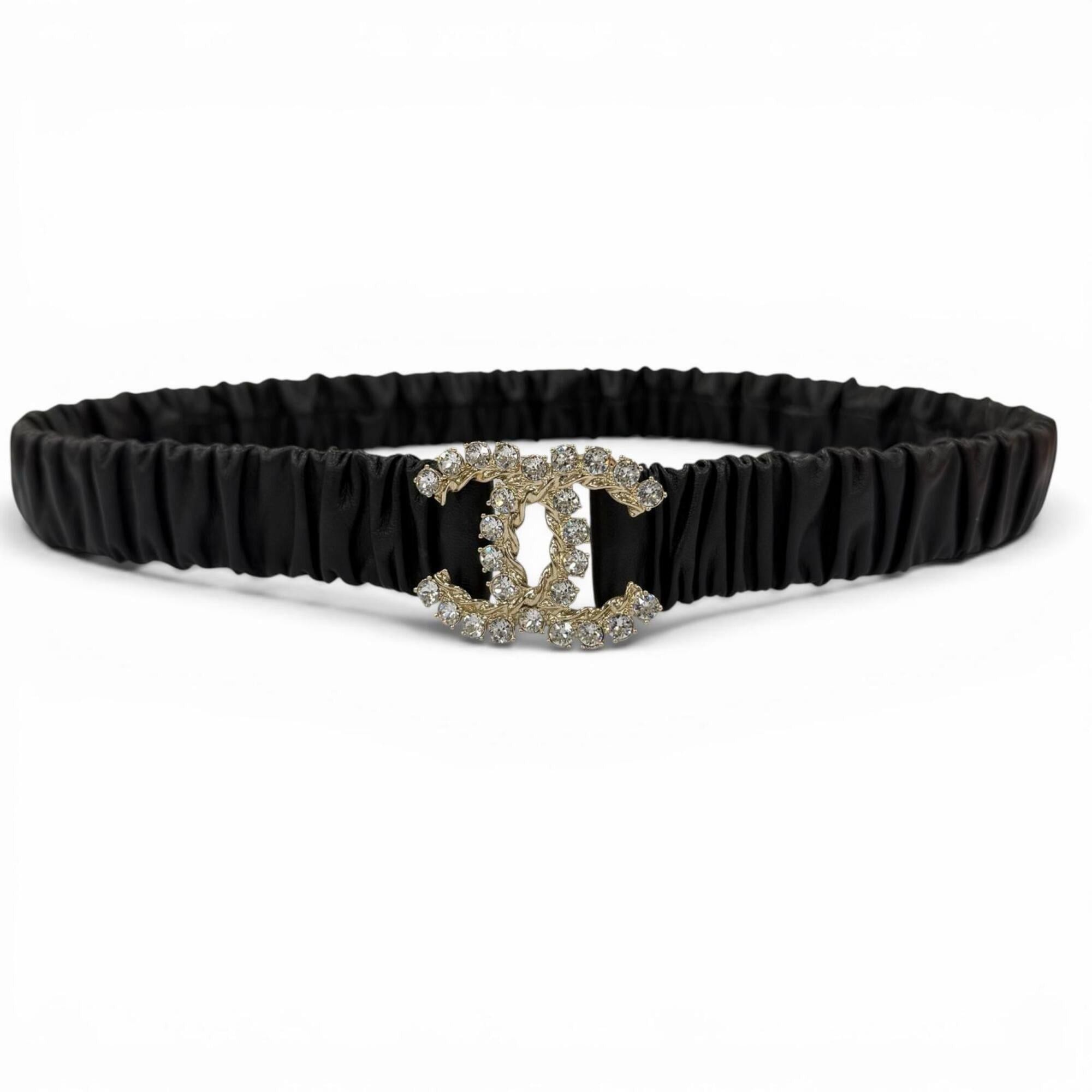 Chanel CHANEL B21C Coco Mark Rhinestone Leather Elastic Belt, Black with Gold Hardware, Size 80 (32), Made in Italy, Women's. Size ONE SIZE - 2 Thumbnail