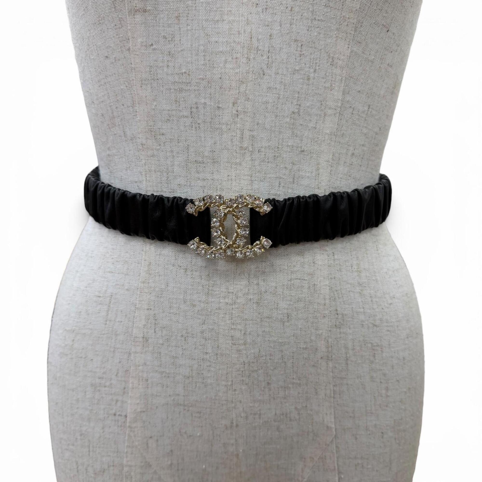 Chanel CHANEL B21C Coco Mark Rhinestone Leather Elastic Belt, Black with Gold Hardware, Size 80 (32), Made in Italy, Women's. Size ONE SIZE - 5 Thumbnail