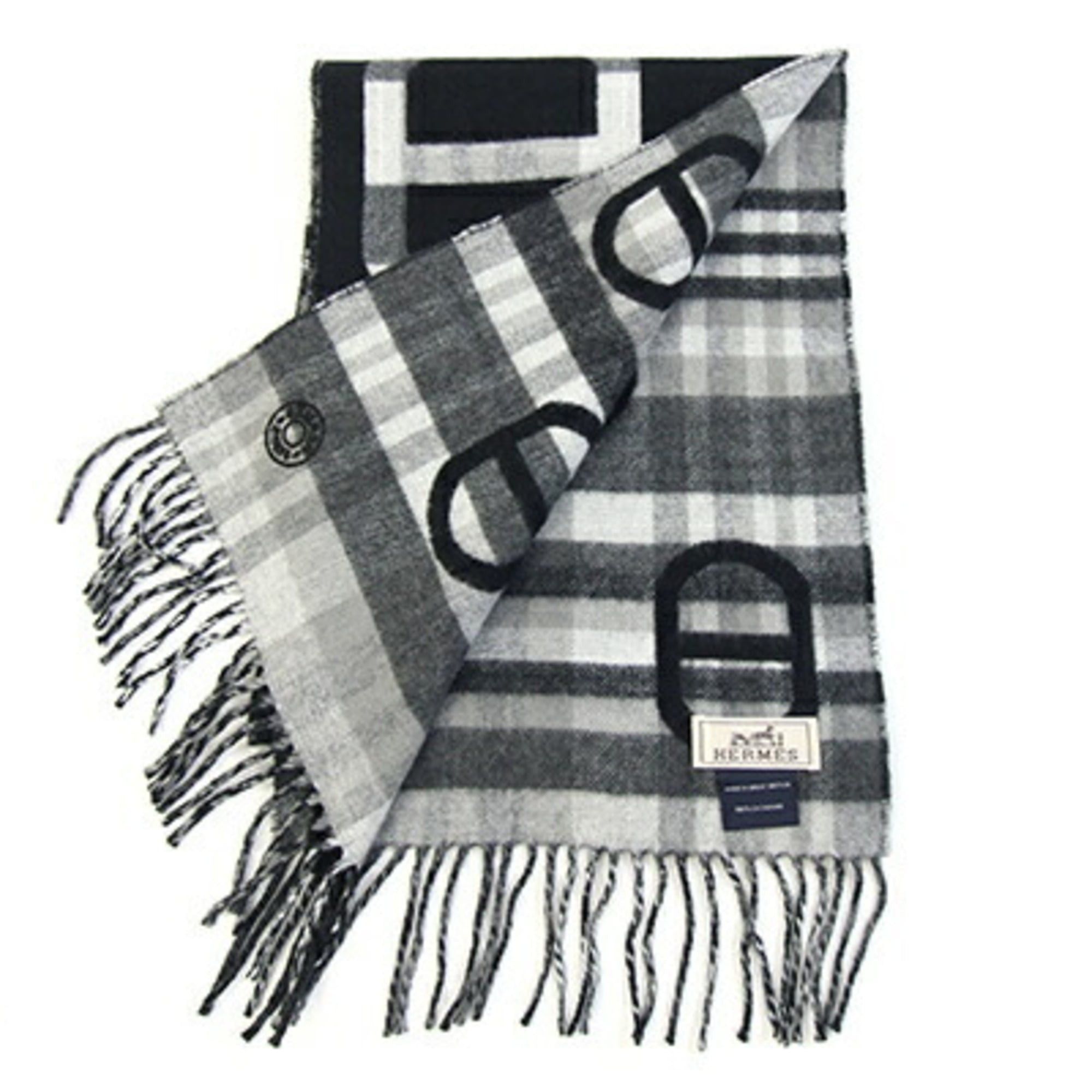 Hermes Hermes Scarf, Tartan, Maillon H394068, Black/Gray, 100% Cashmere, Check Pattern, Chaine d'Ancre, Stole/Shawl, Women's/Men's, HERMES Size ONE SIZE - 3 Thumbnail