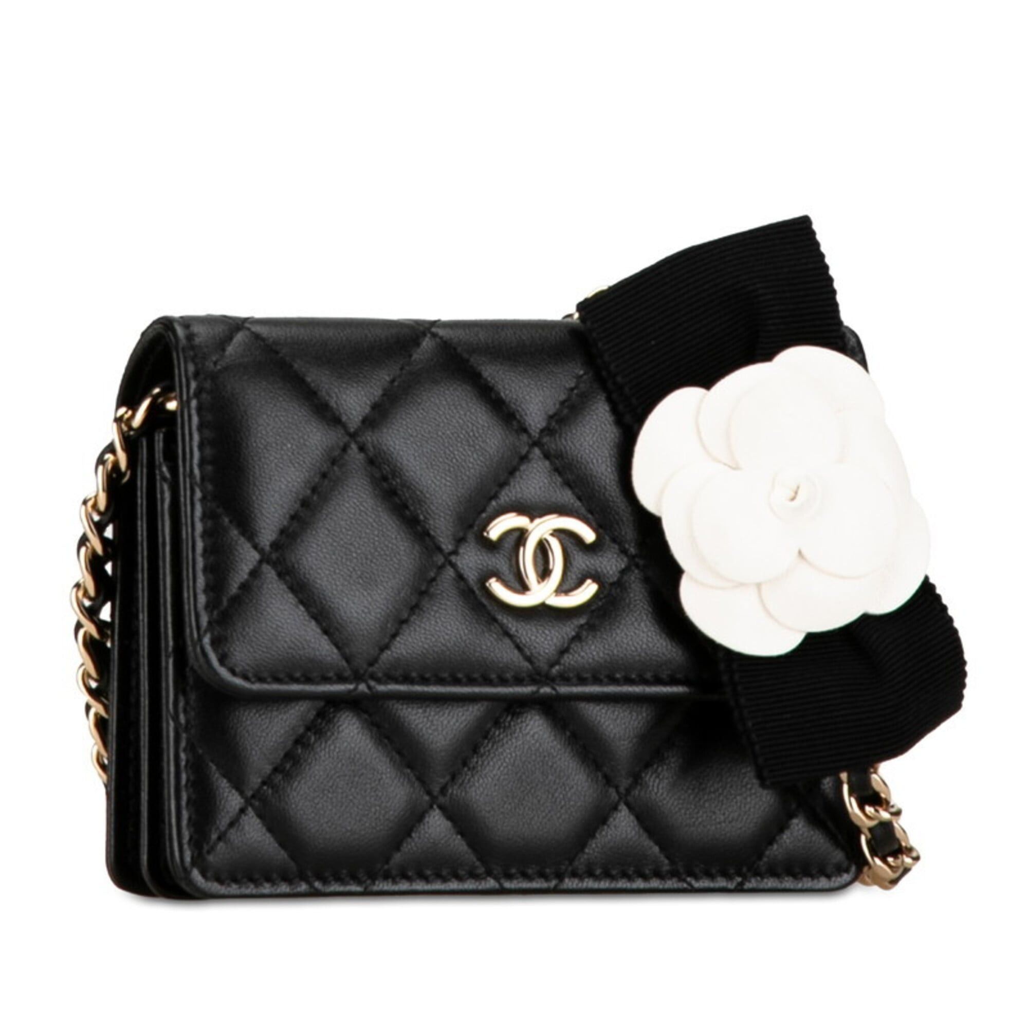 Chanel Chanel Matelassé Coco Mark Camellia Mini Chain Shoulder Wallet, Black Lambskin, Women's CHANEL Size ONE SIZE - 2 Thumbnail