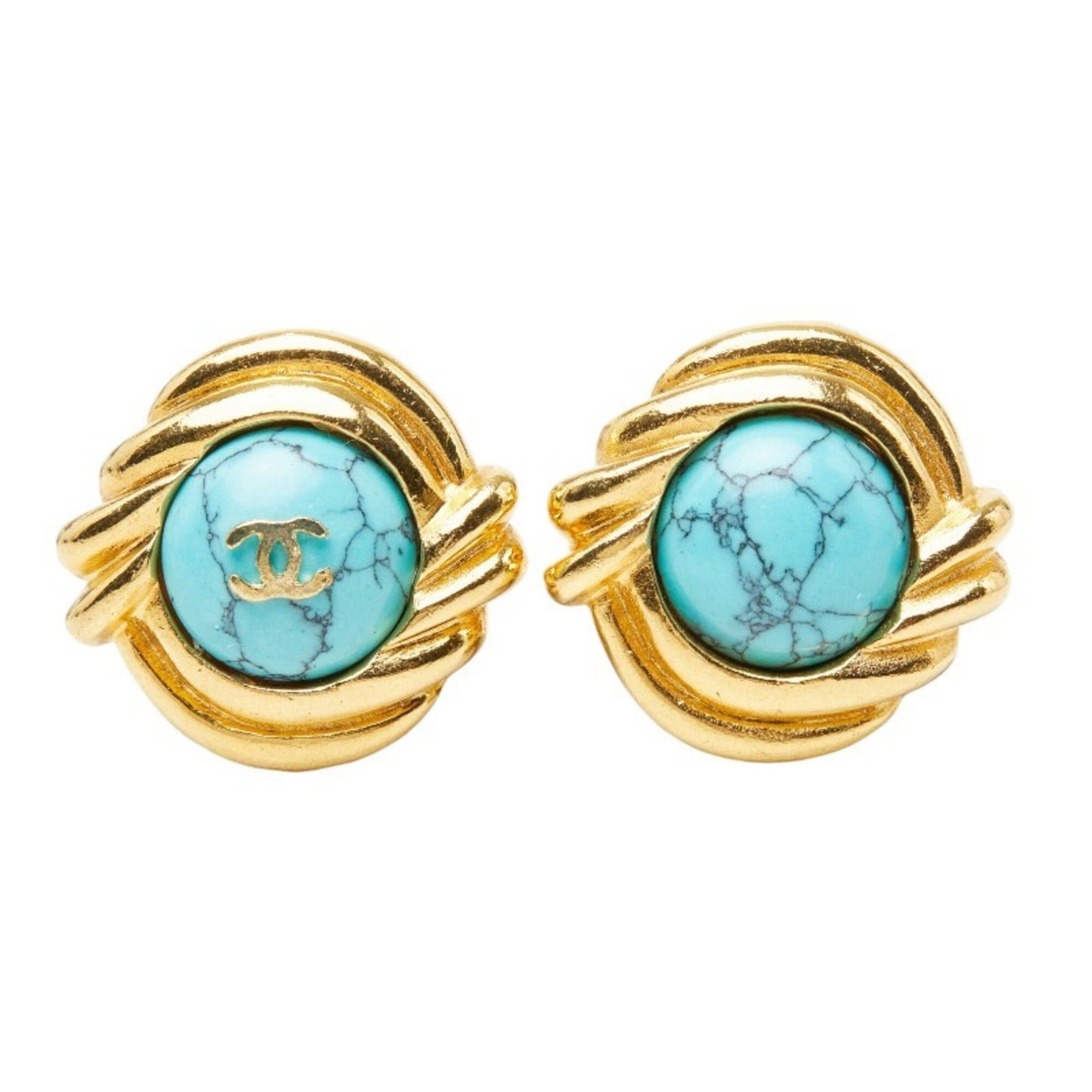Chanel Chanel Coco Mark Earrings, Gold Turquoise Plated Stone, Women's CHANEL Size ONE SIZE - 2 Thumbnail