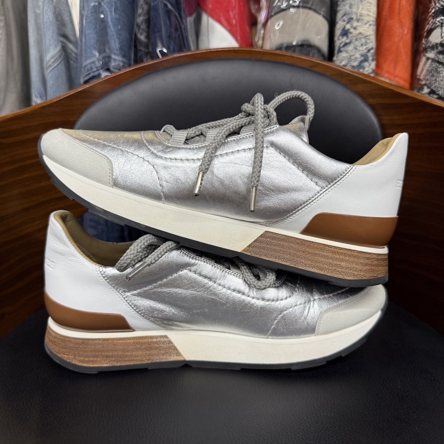 Hermes Hermes Silver White Brown Leather Sneakers Size US 6.5 / IT 36.5 - 7 Thumbnail