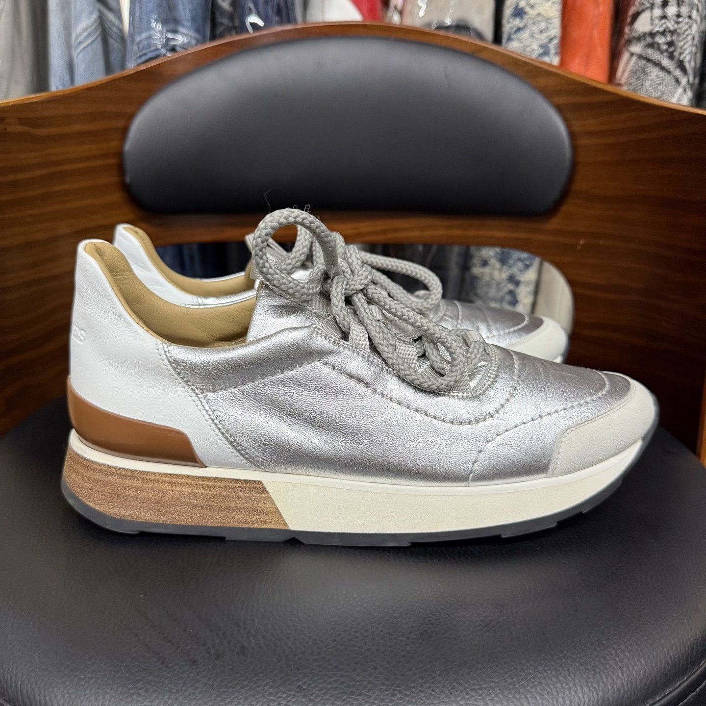 Hermes Hermes Silver White Brown Leather Sneakers Size US 6.5 / IT 36.5 - 4 Thumbnail