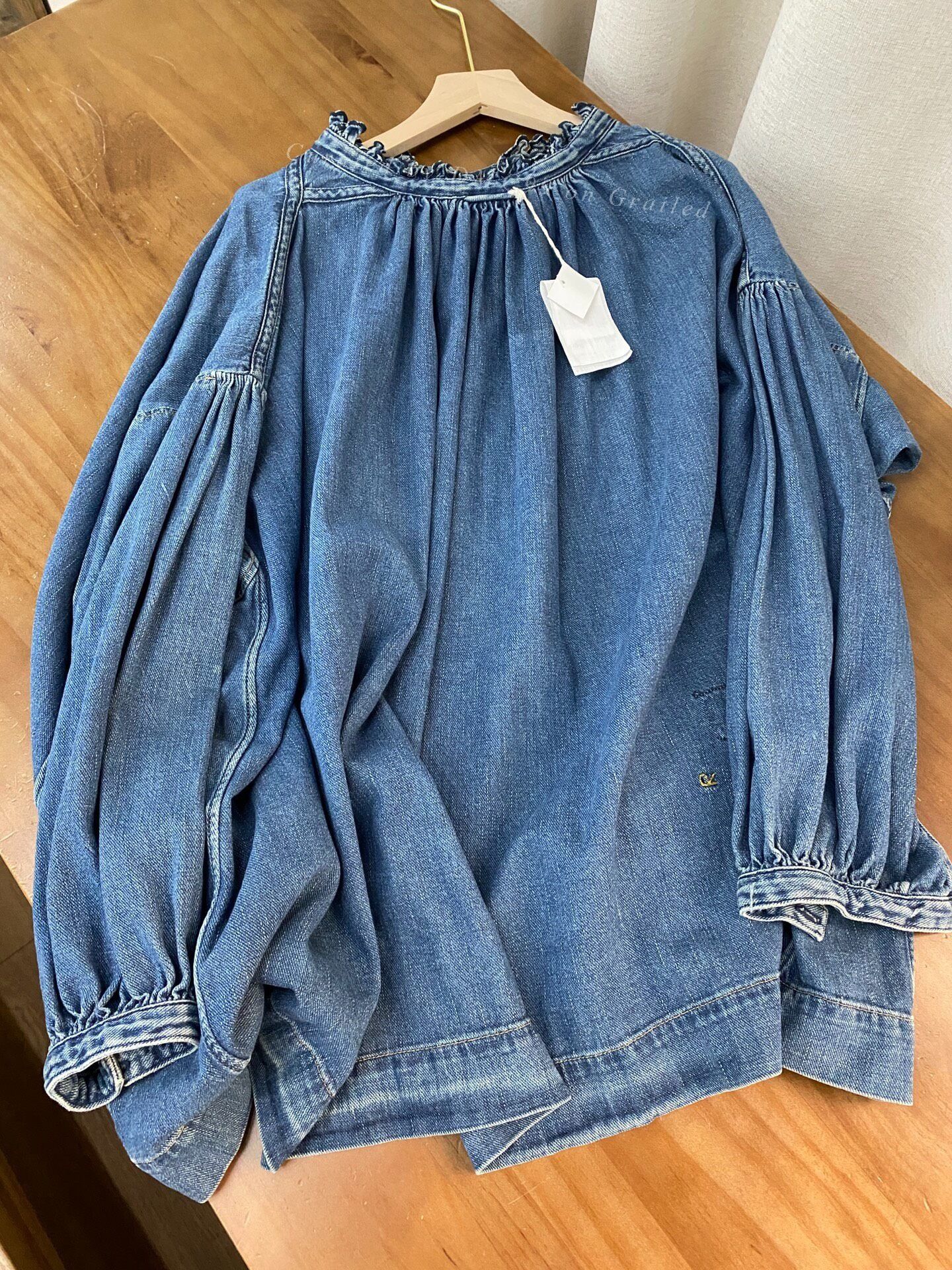 45rpm 45R Ruffled Collar Embroidered Pleated Denim Top Size M / US 6-8 / IT 42-44 - 3 Thumbnail