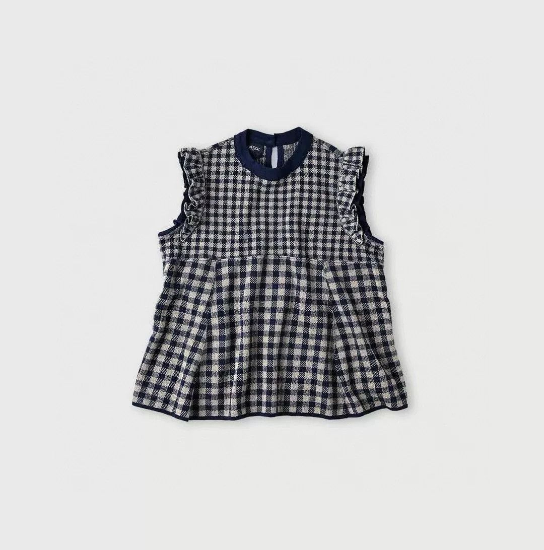 45rpm 45R Navy Check Flutter Sleeve Knit Size M / US 6-8 / IT 42-44 - 4 Thumbnail