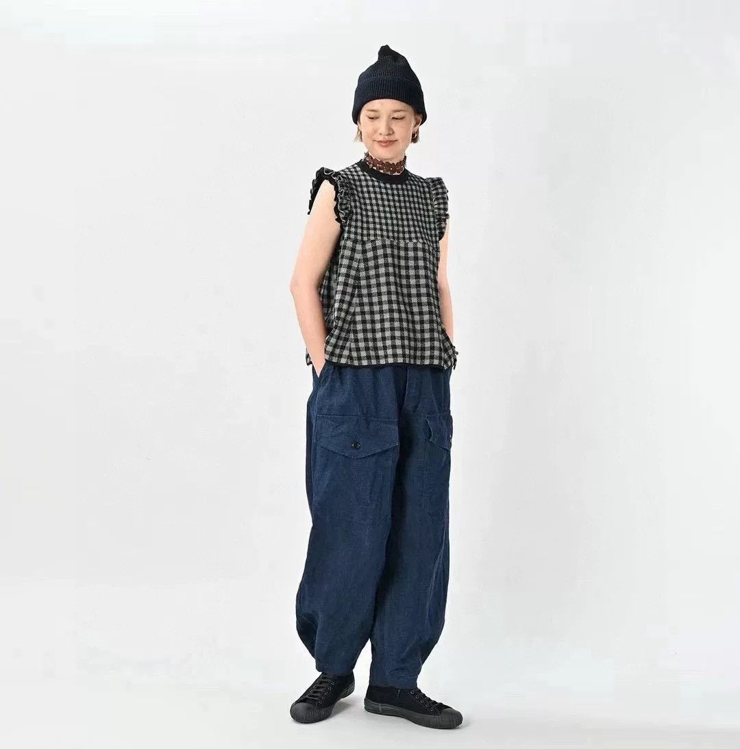 45rpm 45R Navy Check Flutter Sleeve Knit Size M / US 6-8 / IT 42-44 - 3 Thumbnail