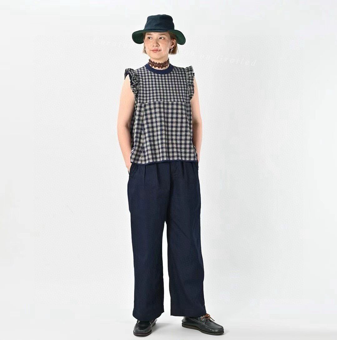 45rpm 45R Navy Check Flutter Sleeve Knit Size M / US 6-8 / IT 42-44 - 2 Thumbnail