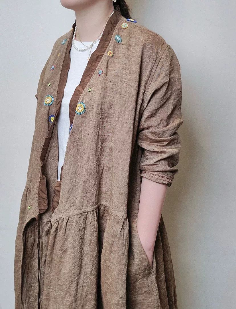 45rpm 45R Brown Indian Linen Beaded Embroidery Dress Size M / US 6-8 / IT 42-44 - 3 Thumbnail