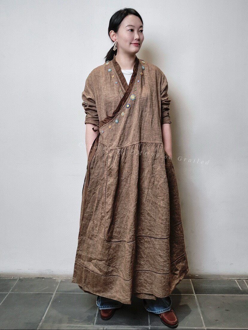 45rpm 45R Brown Indian Linen Beaded Embroidery Dress Size M / US 6-8 / IT 42-44 - 2 Thumbnail
