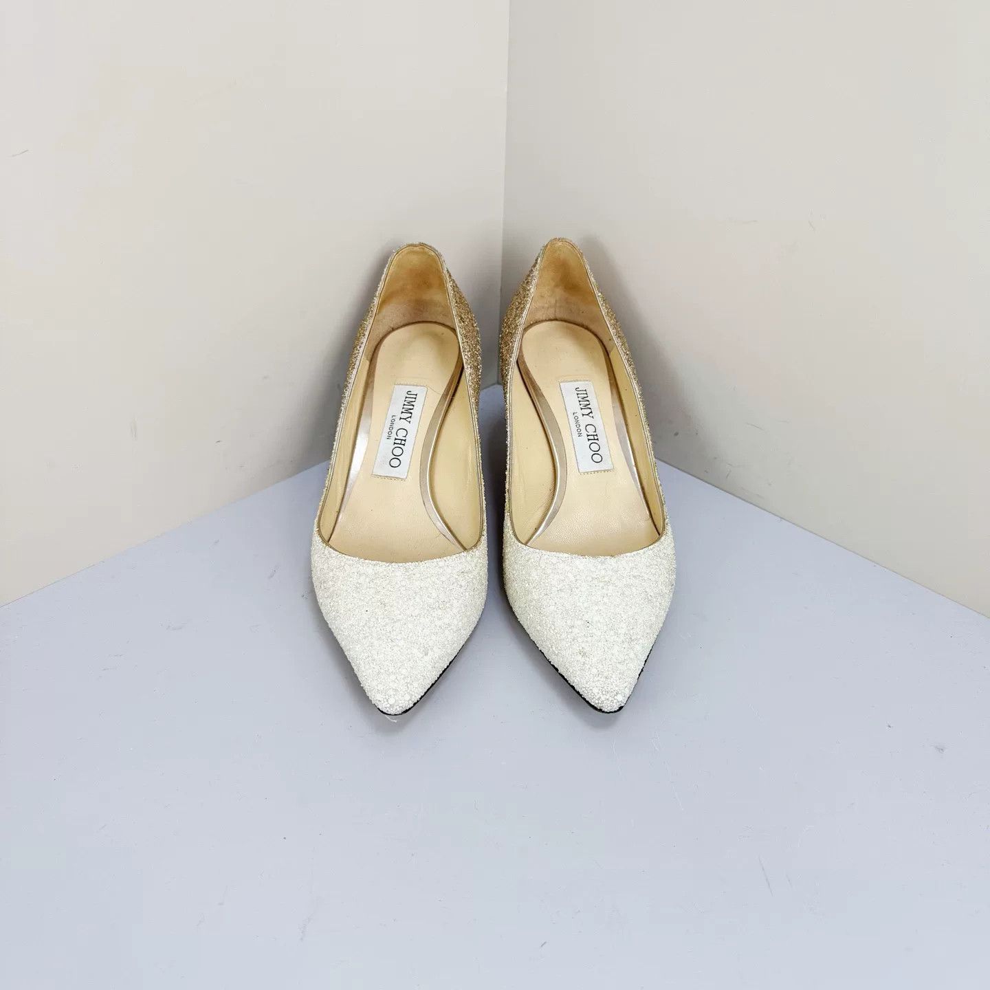 Jimmy Choo Jimmy Choo Platinum-Gold Sequin Heels Size US 5.5 / IT 35.5 - 2 Thumbnail