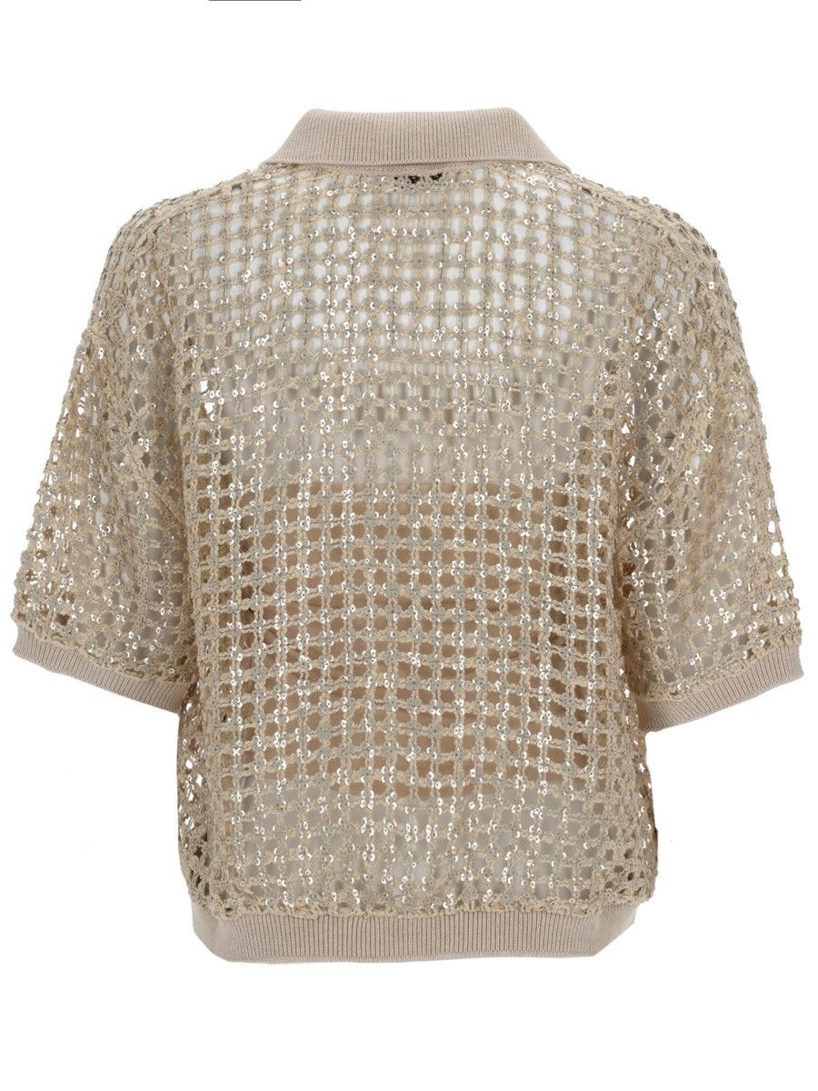 Brunello Cucinelli BRUNELLO CUCINELLI SILK AND LINEN KNIT POLO SHIRT - BEIGE Size M / US 6-8 / IT 42-44 - 3 Thumbnail