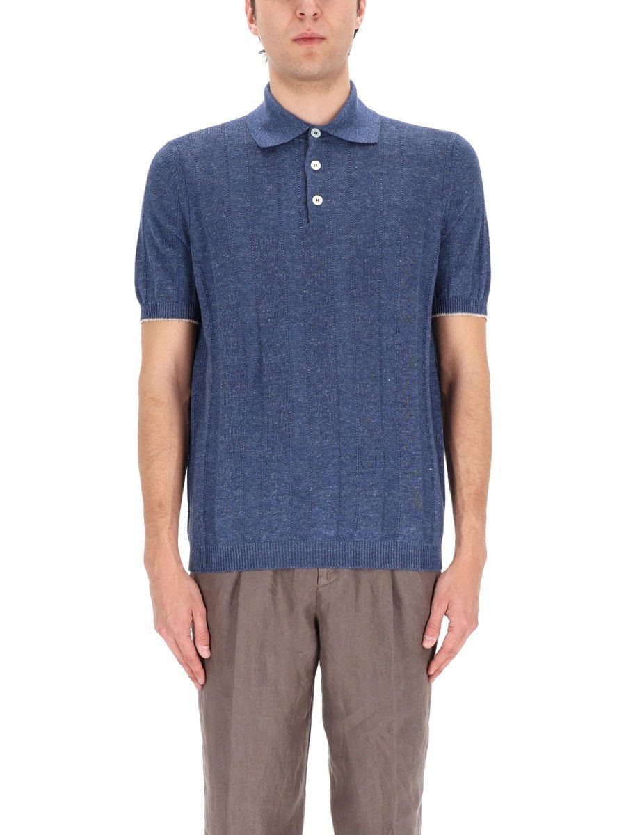 Brunello Cucinelli BRUNELLO CUCINELLI LINEN KNIT POLO SHIRT - BLUE (IT 56) Size US XXL / EU 58 / 5 - 4 Thumbnail