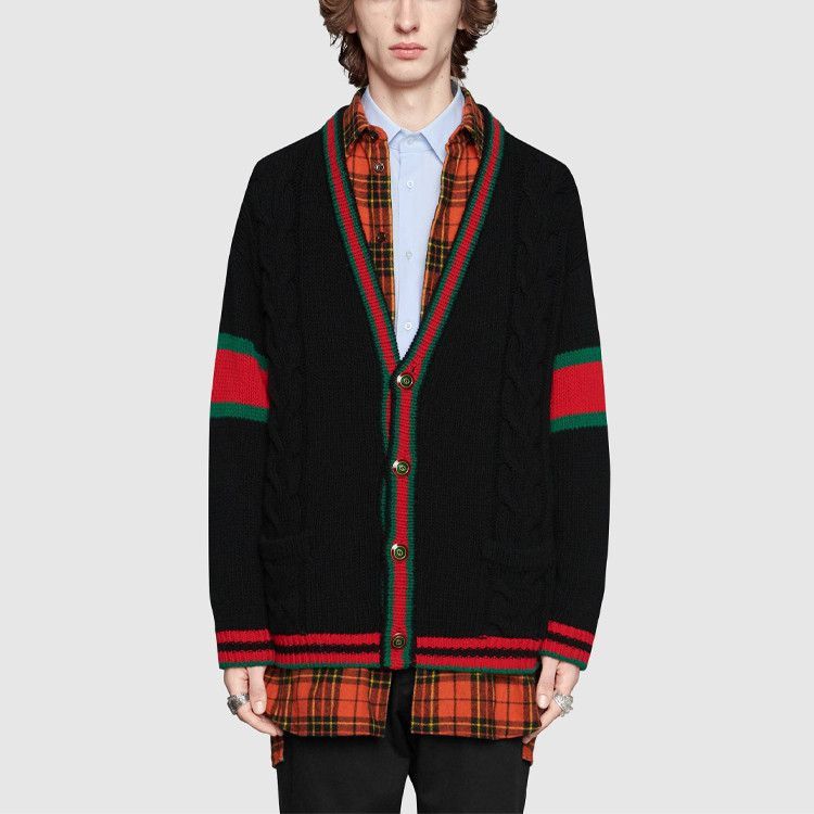 Gucci Black Cable Knit Cardigan with Web Stripe Size US S / EU 44-46 / 1 - 13 Thumbnail