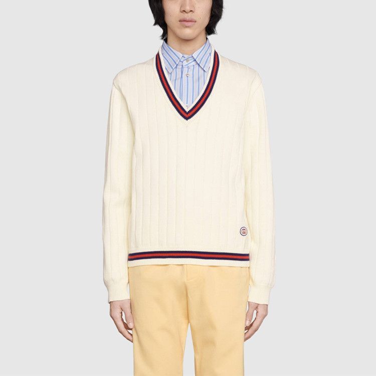Gucci Striped Trim V-Neck Sweater in Beige Size US S / EU 44-46 / 1 - 9 Thumbnail