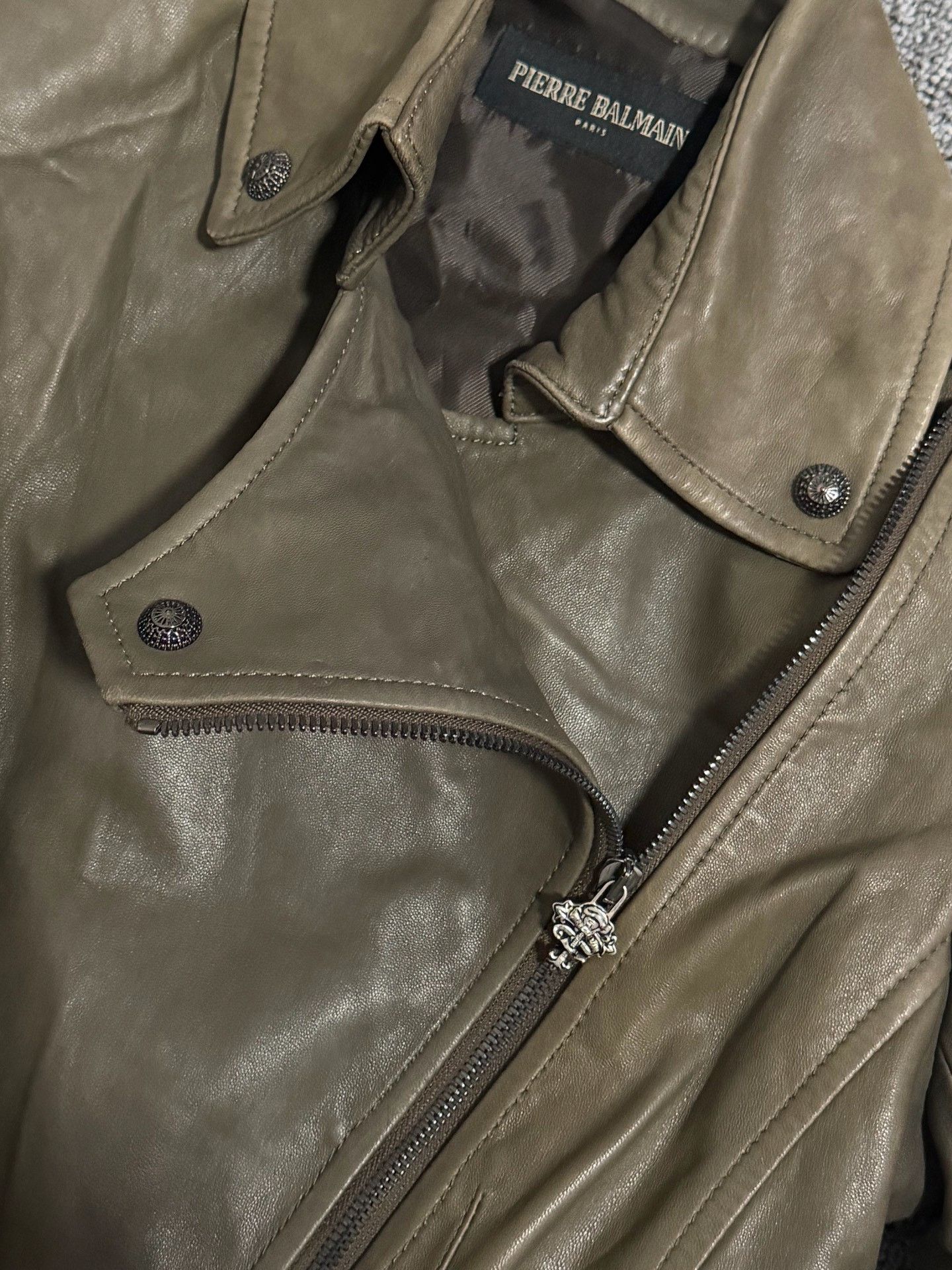Pierre Balmain Pierre Balmain Dark Green Distressed Leather Jacket Size US XXS / EU 40 - 2 Thumbnail