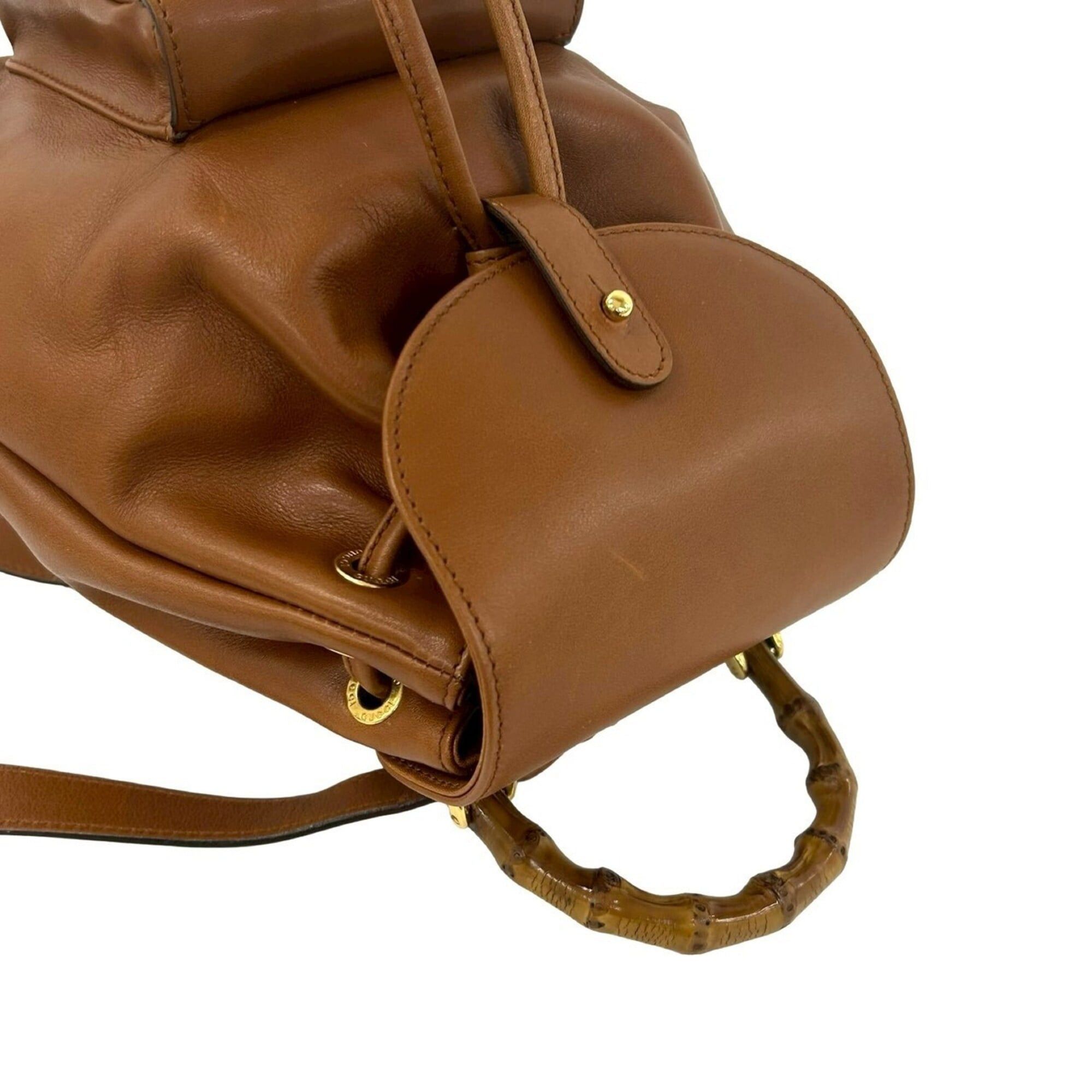 Gucci GUCCI Vintage Bamboo Leather Drawstring Mini Backpack Daypack (Brown) 258-7 Size ONE SIZE - 4 Thumbnail