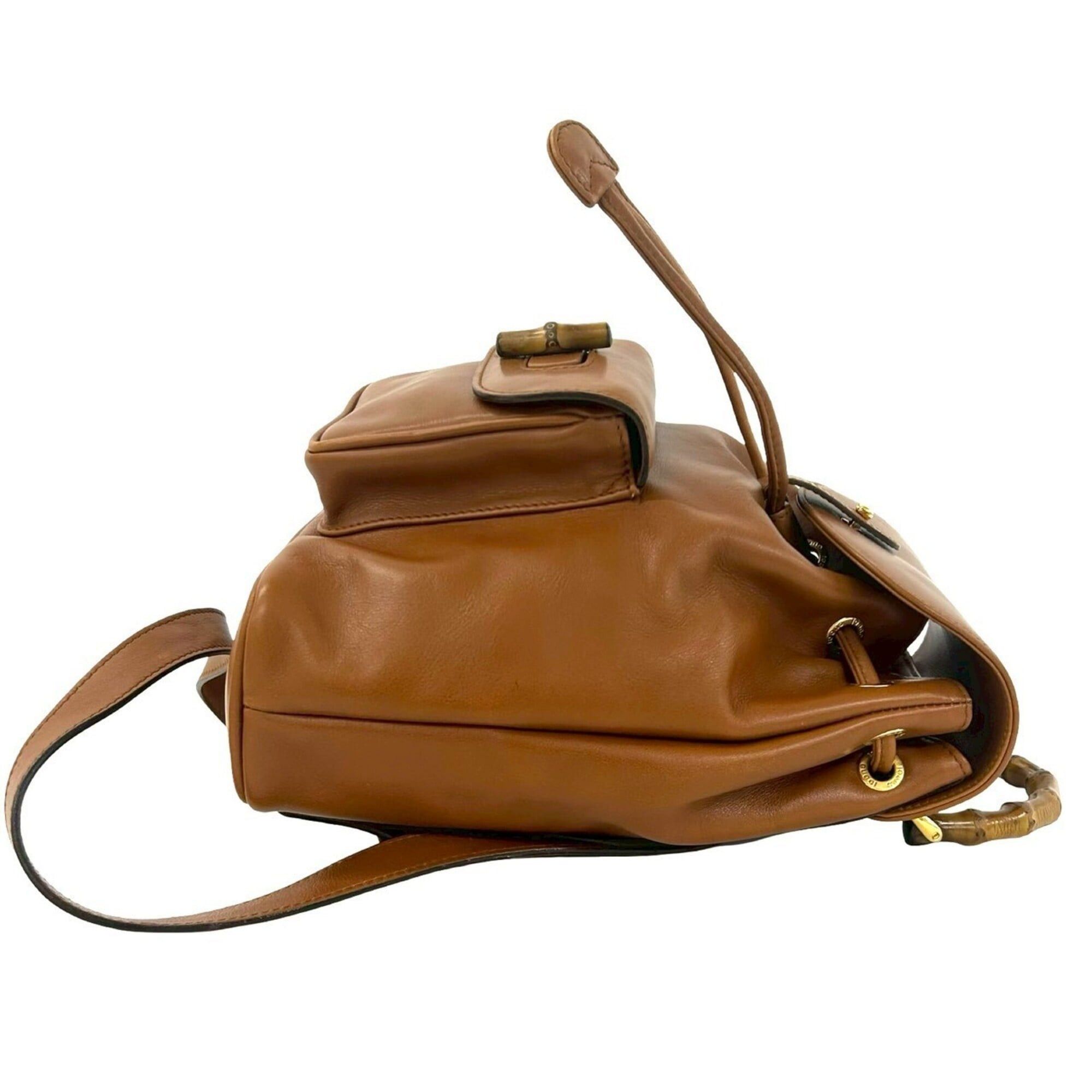 Gucci GUCCI Vintage Bamboo Leather Drawstring Mini Backpack Daypack (Brown) 258-7 Size ONE SIZE - 6 Thumbnail