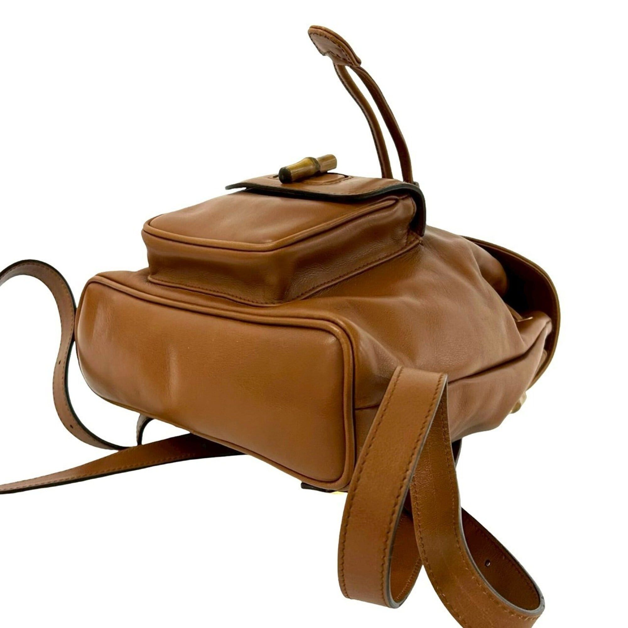 Gucci GUCCI Vintage Bamboo Leather Drawstring Mini Backpack Daypack (Brown) 258-7 Size ONE SIZE - 8 Thumbnail