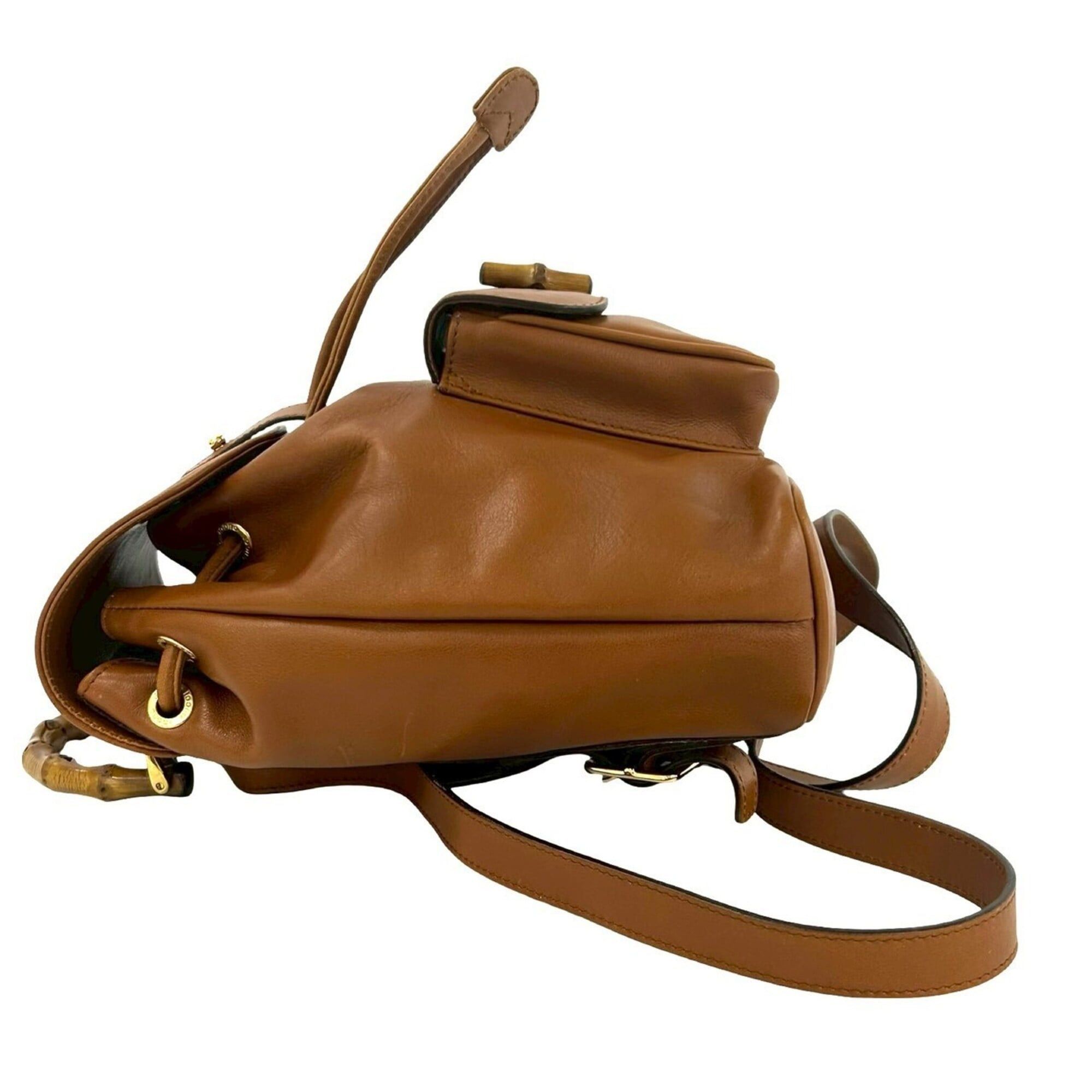 Gucci GUCCI Vintage Bamboo Leather Drawstring Mini Backpack Daypack (Brown) 258-7 Size ONE SIZE - 5 Thumbnail