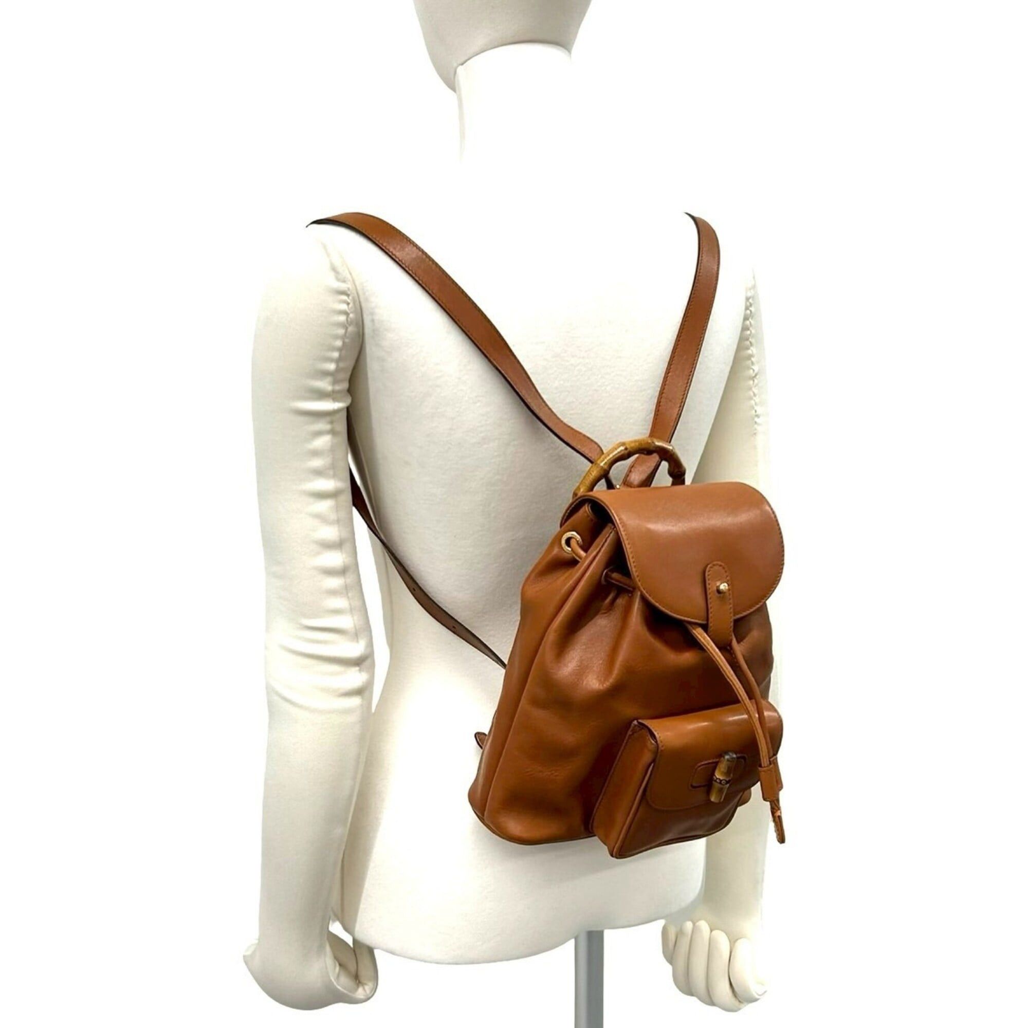 Gucci GUCCI Vintage Bamboo Leather Drawstring Mini Backpack Daypack (Brown) 258-7 Size ONE SIZE - 2 Thumbnail